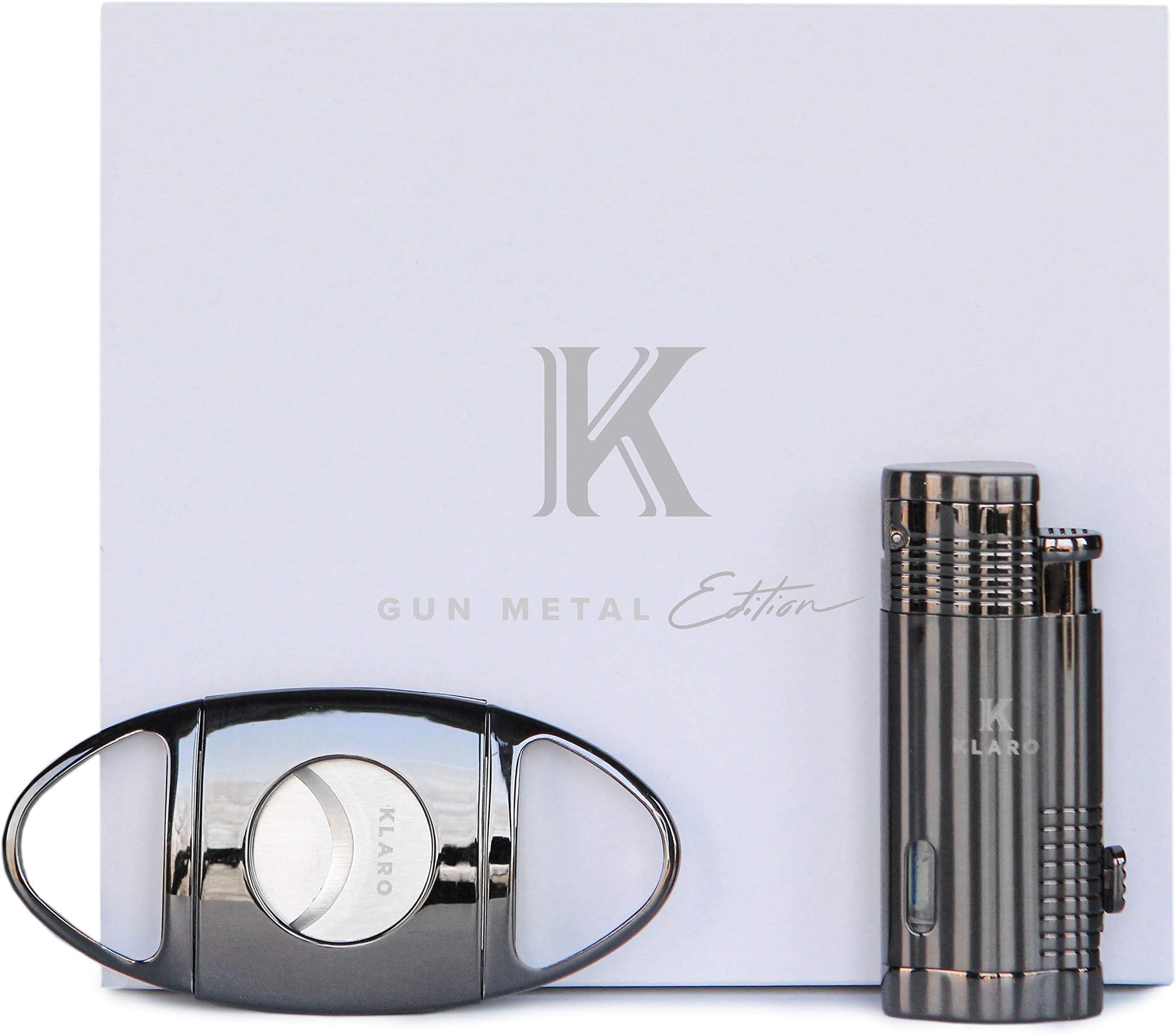 Klaro Cigar Accessory Kit Polished Gunmetal Finish Cutter & Lighter Gift Set Packaging, Gunmetal