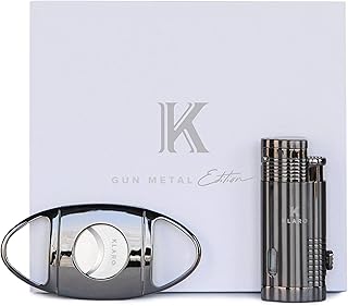 Klaro Cigar Accessory Kit Polished Gunmetal Finish Cutter & Lighter Gift Set Packaging