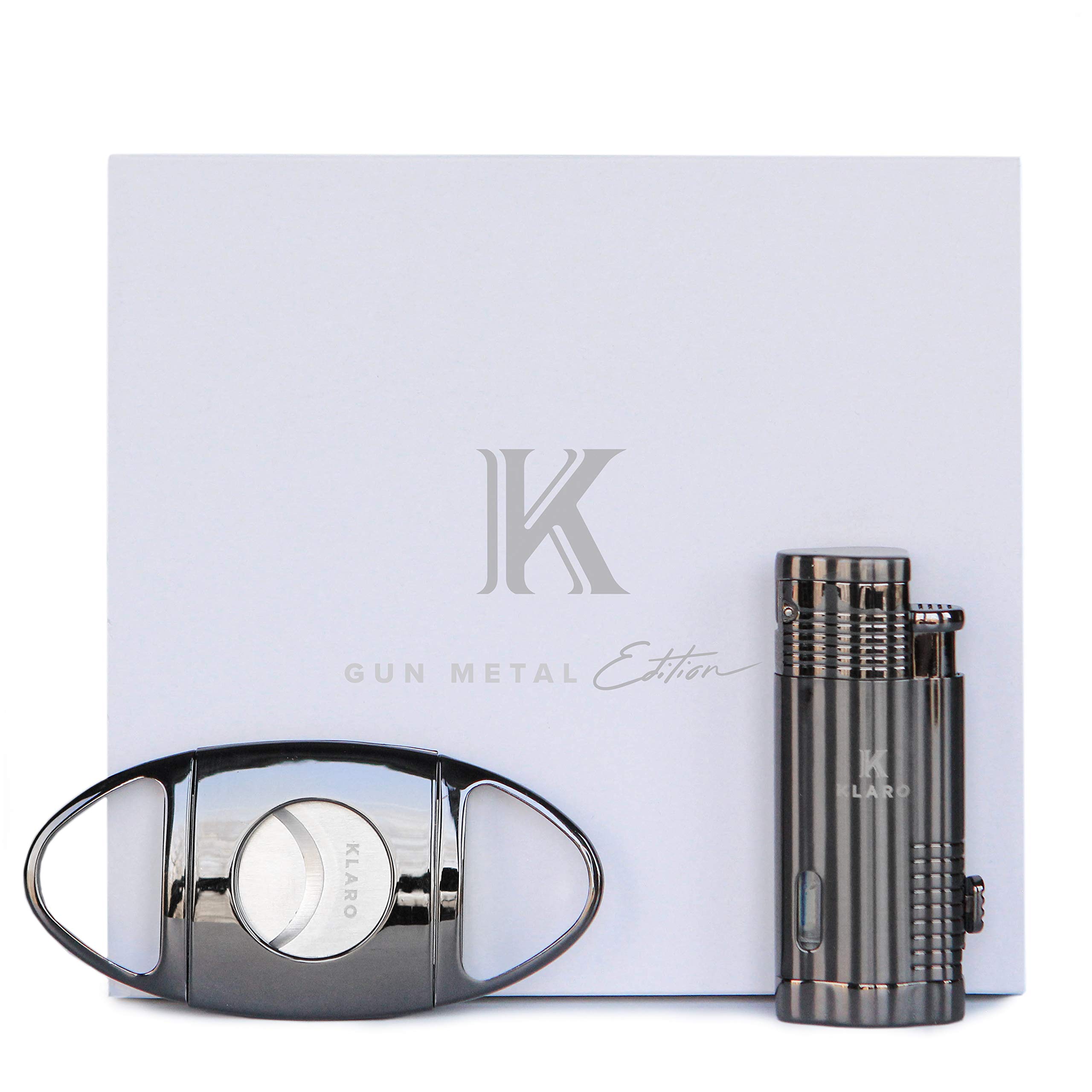 CASE ELEGANCEKlaro Cigar Accessory Kit Polished Gunmetal Finish Cutter & Lighter Gift Set Packaging, Gunmetal