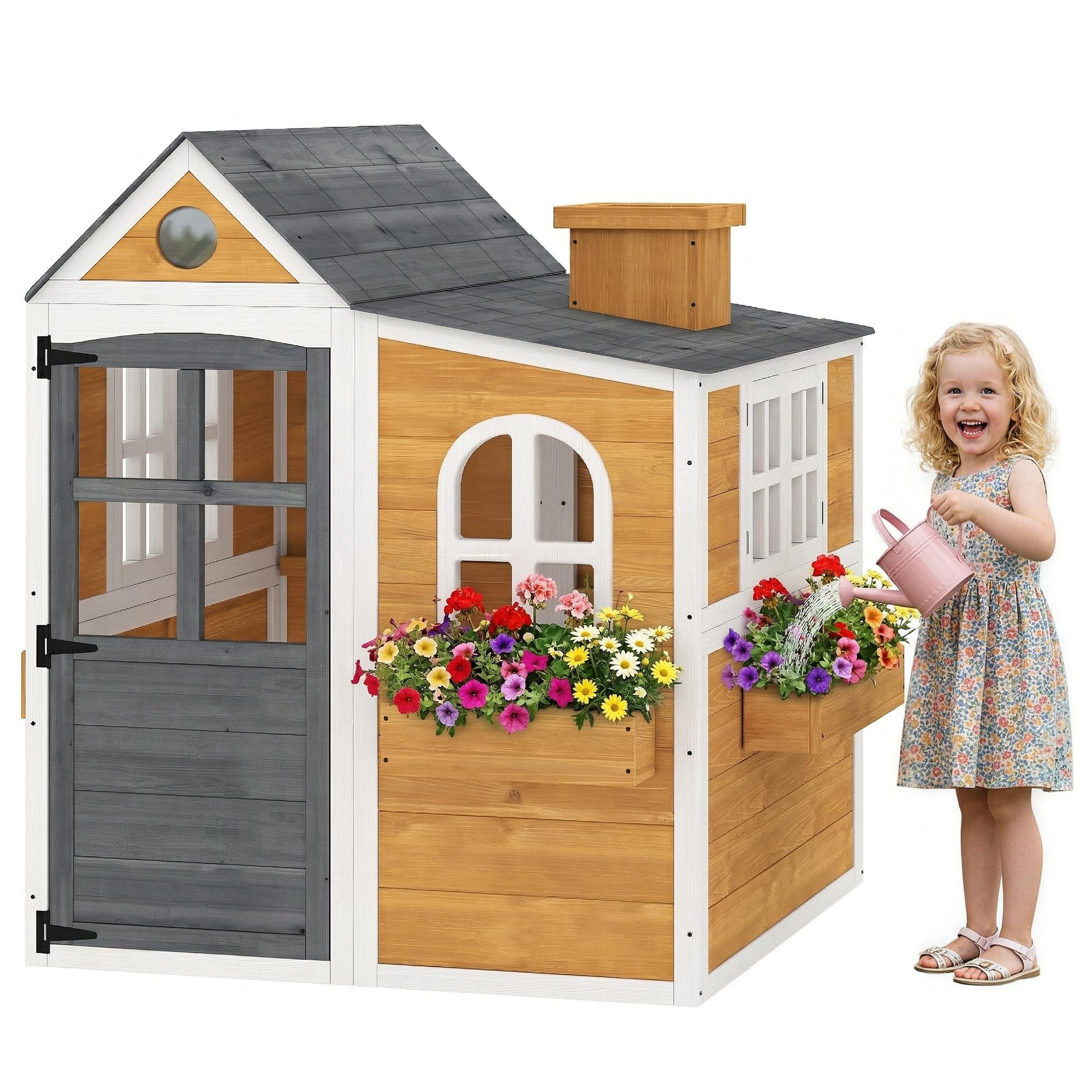 AIYAPLAY Cabaña Infantil de Madera para Exterior e Interior, Casa de Juegos con Puerta, Ventanas, 3 Contenedores de Flores, Resistente a la Intemperie para Niños de 3-6 Años, 125,5x119x126cm