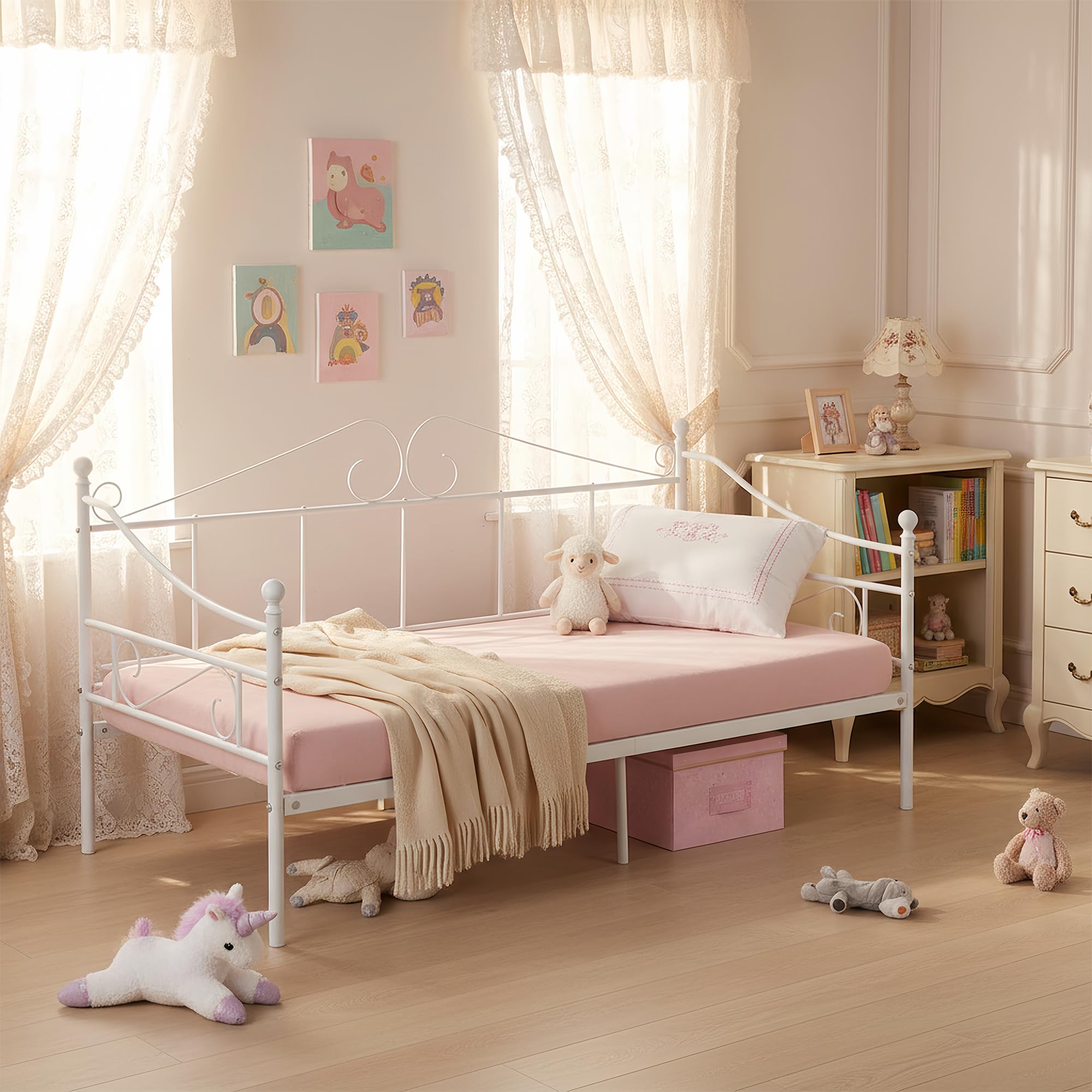 Struttura Letto Divano Singolo 90x190, Letto in Ferro Battuto per Materasso 90x190 cm, Sofa Day bed Letti per Camera/Soggiorno/Veranda/Giardino/Bianco(Stile A)