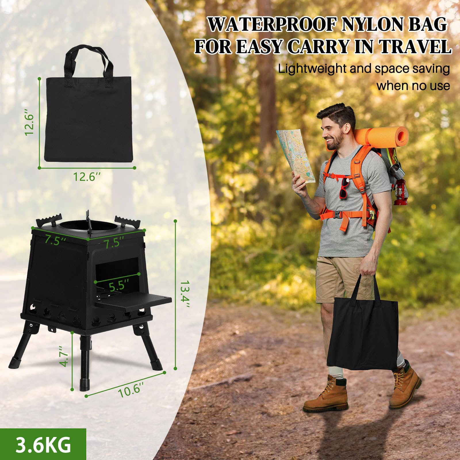 Estufa de leña portátil desmontable de hierro fundido para picnic, caza, pesca, barbacoa, mochilero, senderismo, supervivencia, calefacción, emergencia, cocina al aire libre, con bolsa de transporte