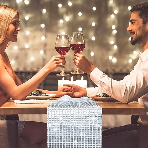 Miniatura 5 de Snowkingdom 13 x 72 Pulgadas Brillo Fiesta de Discoteca Corredor de Mesa Espejo Plateado Corredor Retro Tema de los 70 y 80 Bola de Discoteca