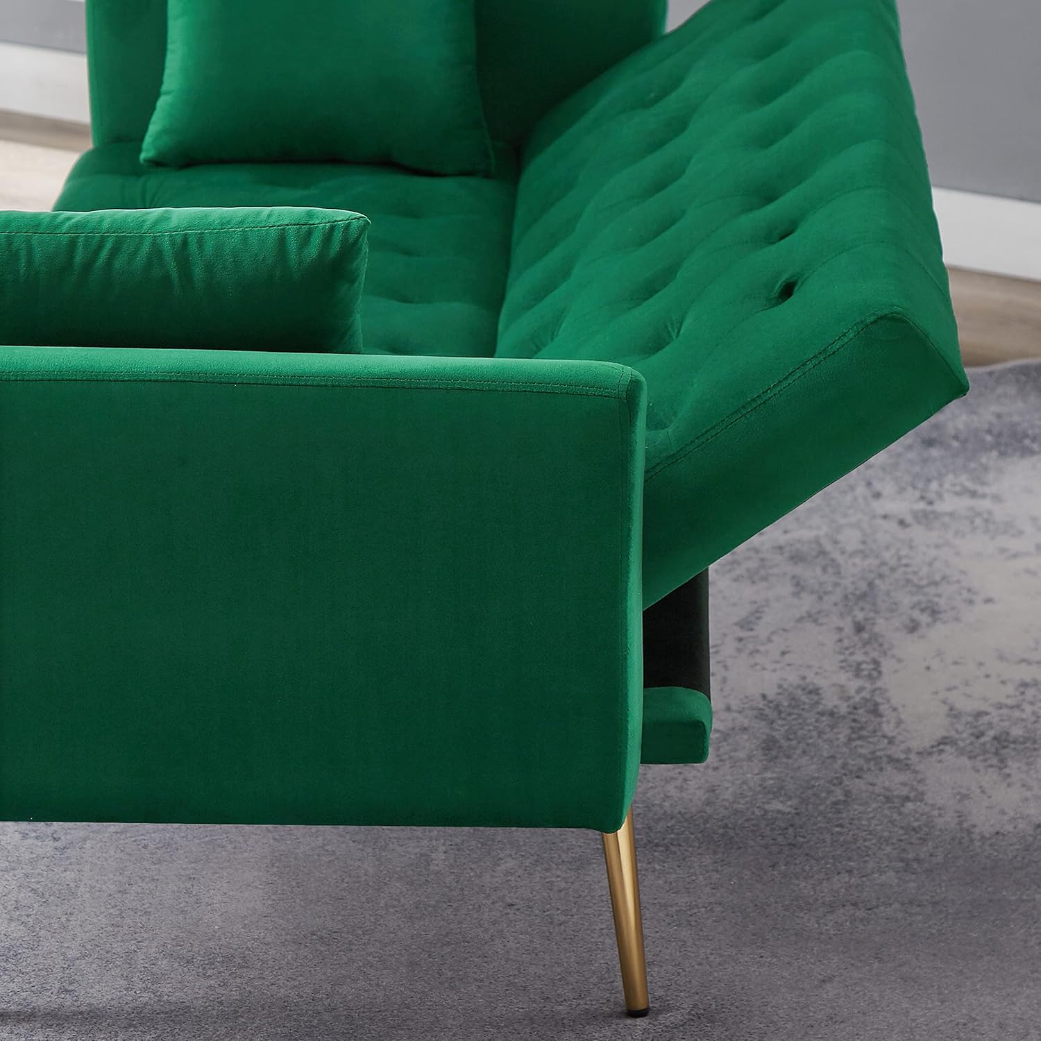 Anwick Modern Velvet Sofa Bed Futon with 2 Pillows,2-in 1 Convertible Sleeper Couch Bed,Folding Recliner Loveseat with Golden Metal Legs for Living Room Apartment Office (Green)