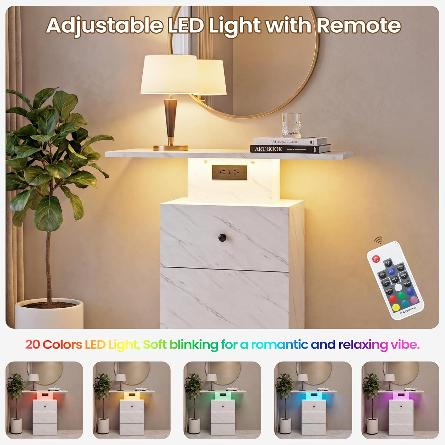 Console Tables for Entryway, Faux Marble Console Table with LED Light and Outlet, 31.5" Narrow Entryway Table with Storage Drawer, Modern Sofa Table Behind Couch for Living Room Hallway Entrance