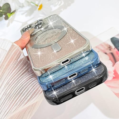 Vista 614 de Fiyart - Funda transparente magnética con purpurina para iPhone 12 para mujeres, con grabado "Love" metálico, protección para cámara y antigolpes