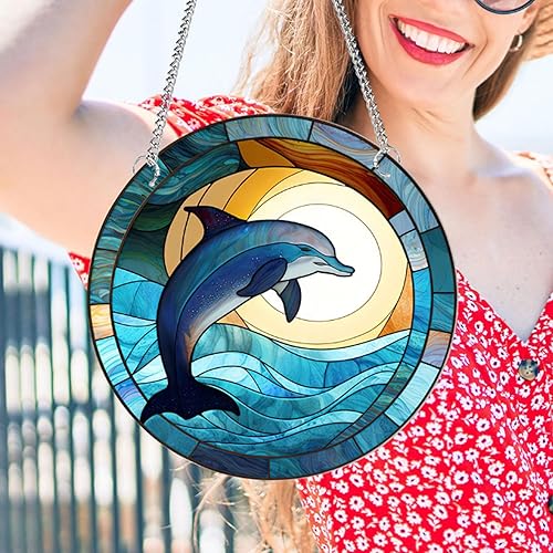Miniatura 6 de Colgantes de ventana de acrílico de delfín de 11.8 pulgadas, decoración de pared manchada de océano, decoración de delfines para decoración de