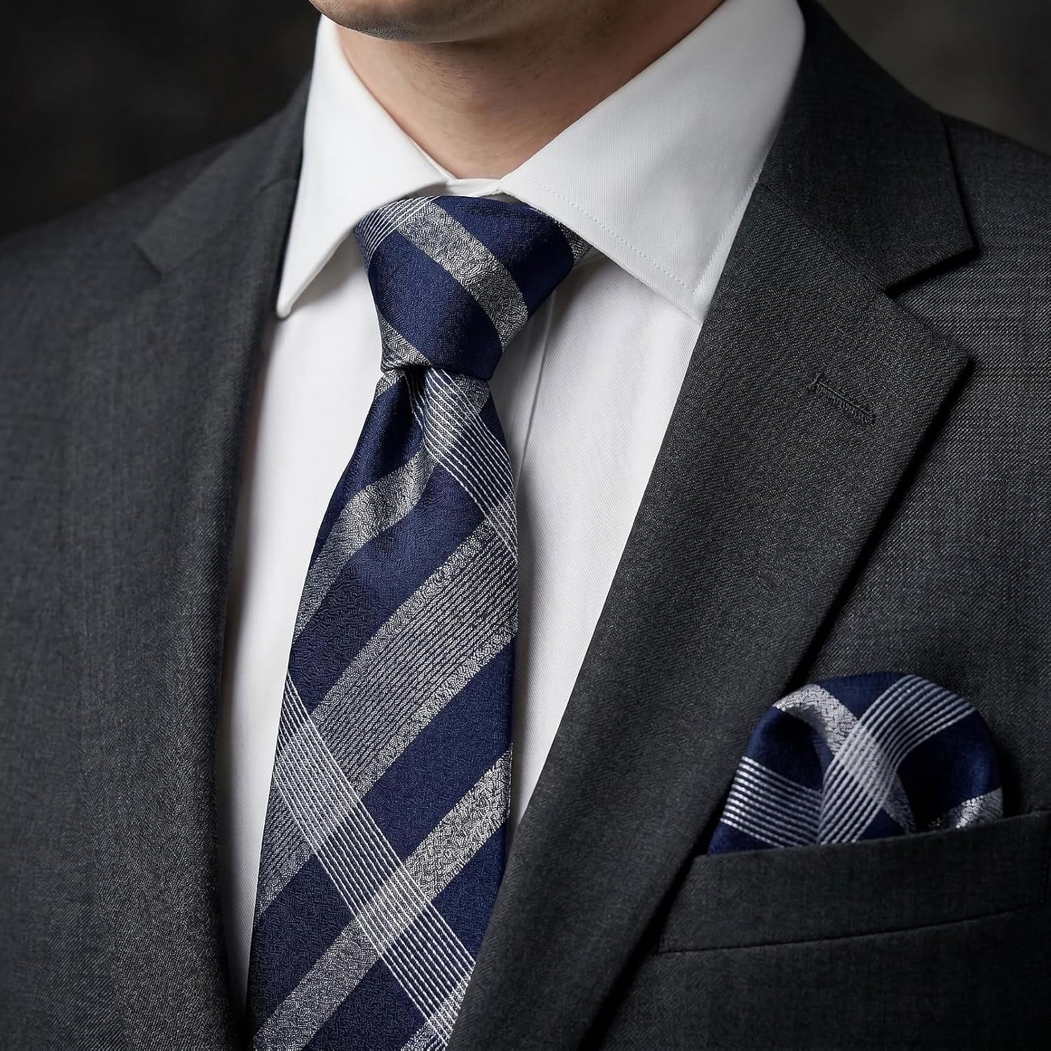 S&W SHLAX&WING Men's Tie Set Necktie with Pocket Square Plaid Navy Blue Heather Grey Checkered Formal Wear Accessory