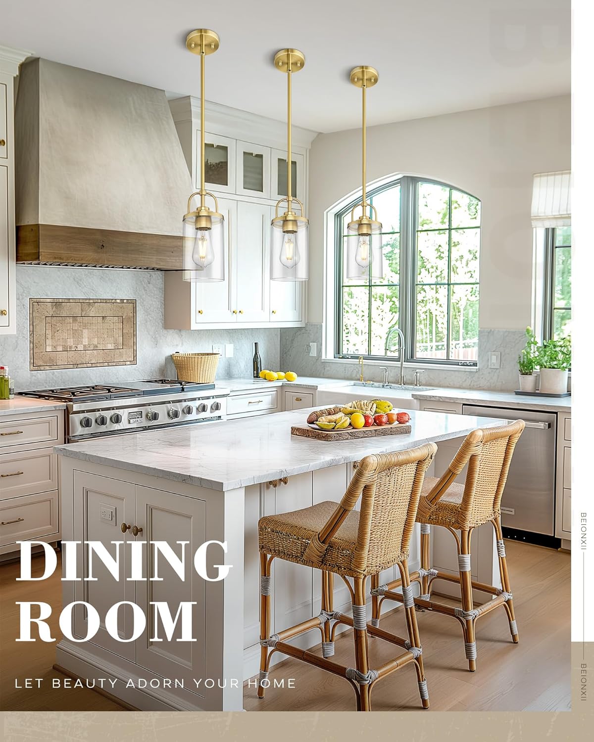 Beionxii Brushed Gold Pendant Lights Kitchen Island, Modern Kitchen Pendant Lighting Over Island, Hanging Light Fixture with Clear Glass and Rods for Sink, Dining Room, BX-PL05BG