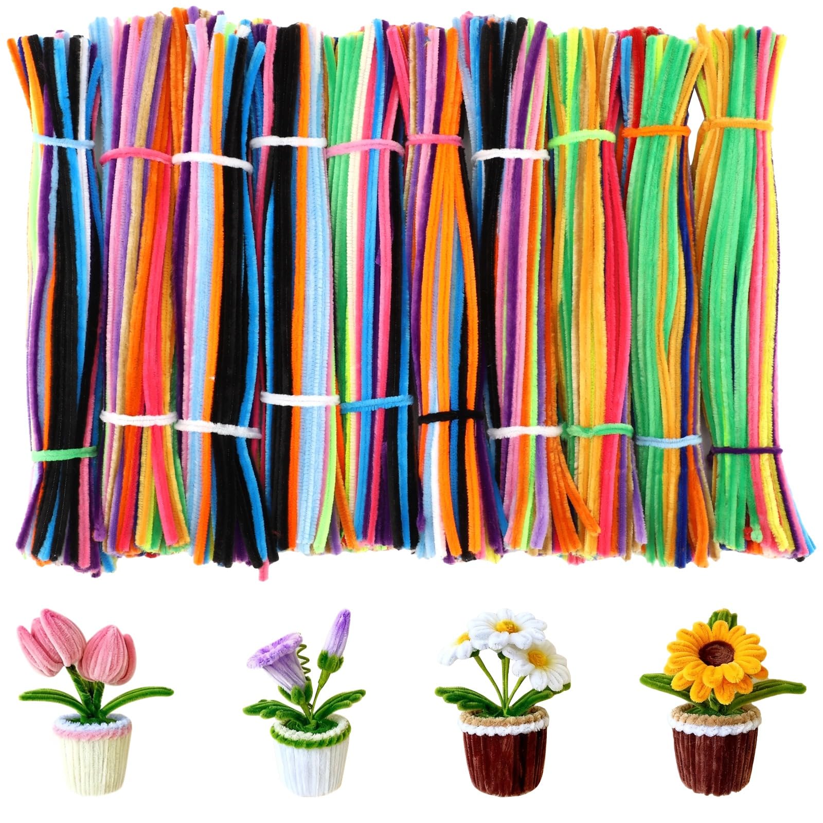 Lot de 1 000 cure-pipes en chenille de 30 cm, 20 couleurs de cure-pipes pour travaux manuels, nettoyeur de tuyaux en peluche pour projets artistiques, activités créatives des tout-petits
