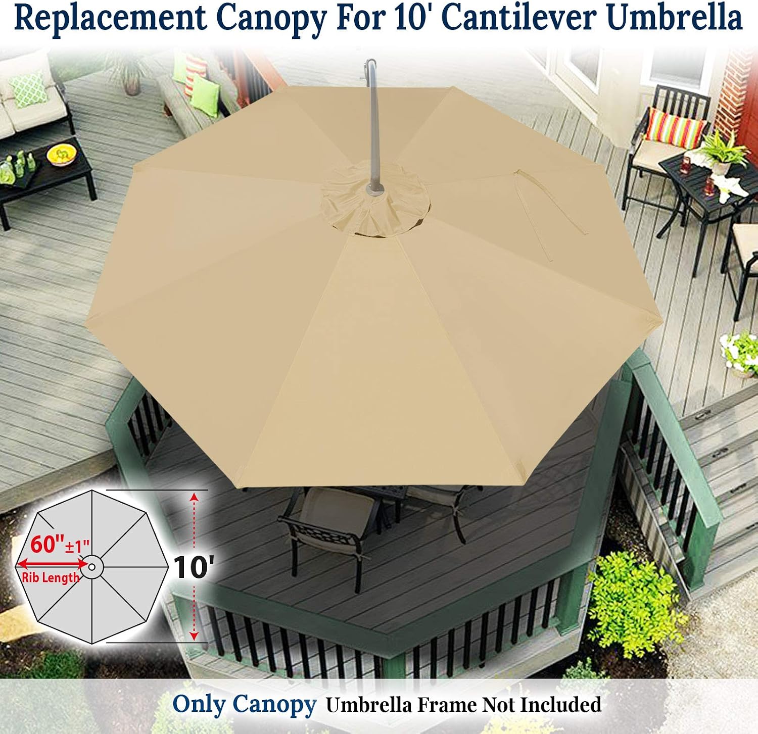 YardGrow 10ft 8 Ribs Umbrella Canopy Replacement Cantilever Umbrella Replacement Canopy, Frame NOT Included