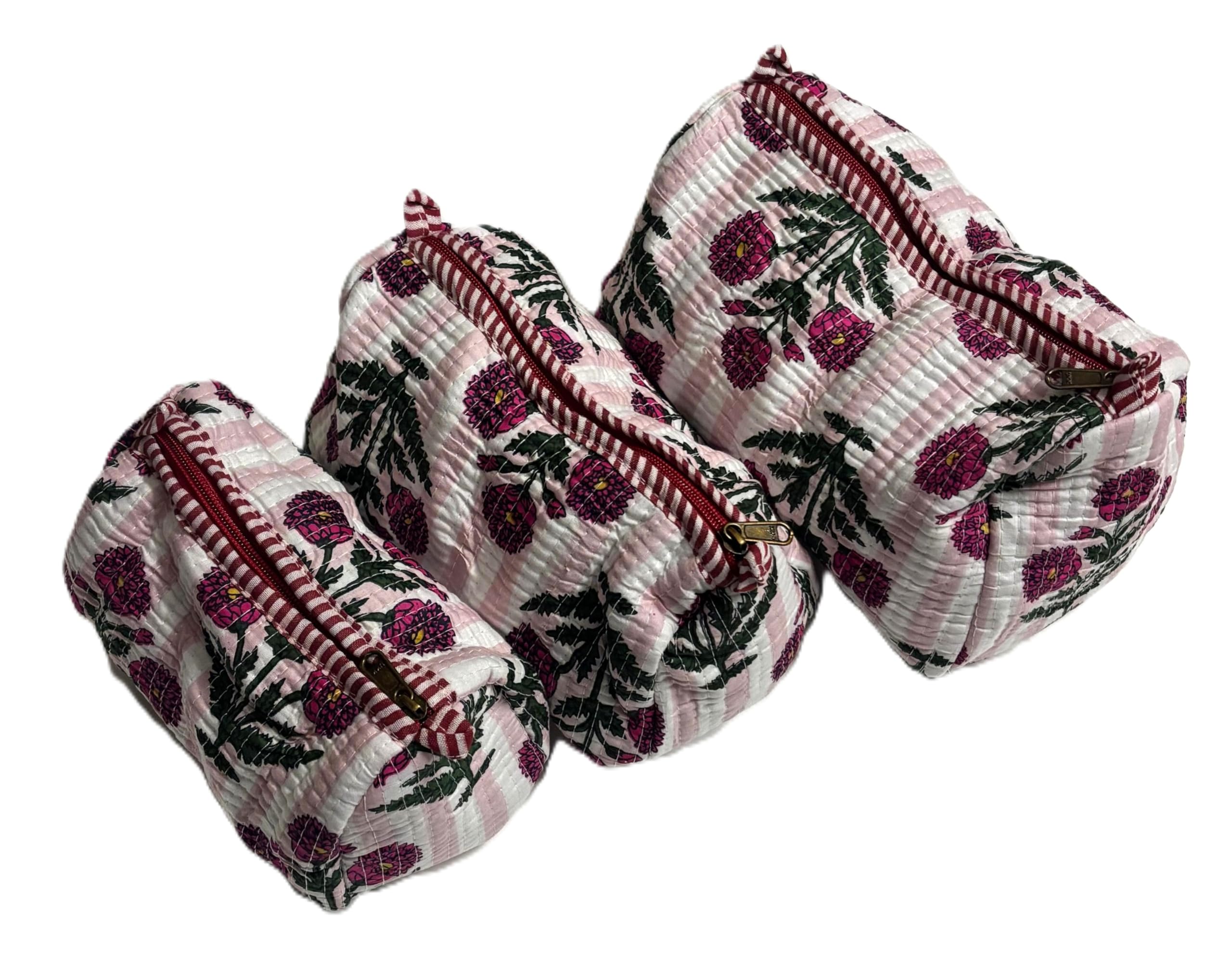Set of 3 Jaipur Textiles Multipurpose Quilted Pouches I Travel Organiser Kit I Pure Cotton I Waterproof Inner Linning | Hand-Block Printed I Pink I Beautiful Floral Design Pattern-image-37