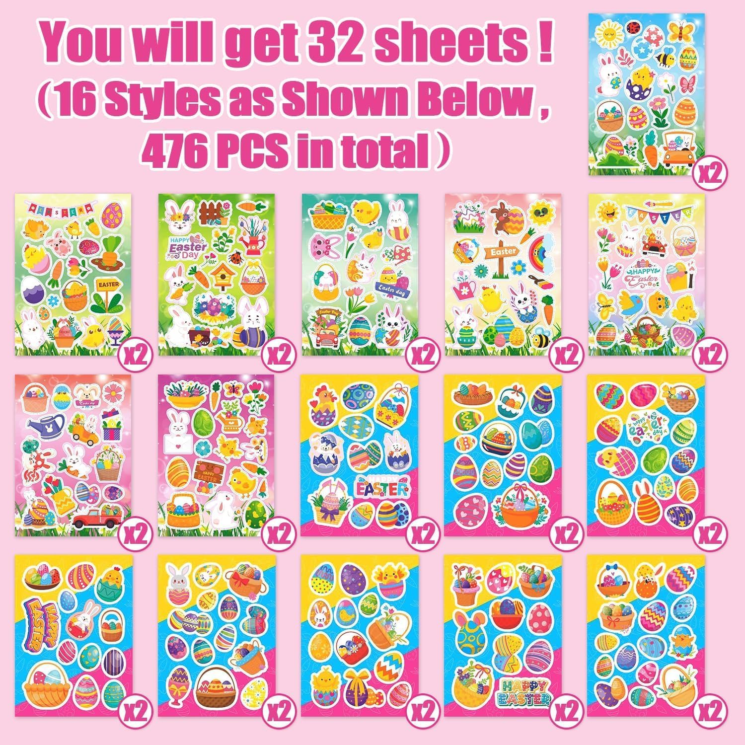 Partywind Happy Easter Stickers for Kids, 476 PCS Rabbits Chicks Eggs Stickers for Easter Basket Stuffers Goodie Bag Fillers, Decorative Stickers for Party Supplies Favors (32 Sheets)