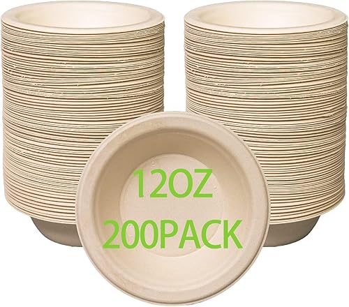 Miniatura 1 de Cuencos de papel compostables de 12 onzas, paquete de 200 tazones desechables biodegradables hechos de fibras de caña de azúcar, uso caliente o frío