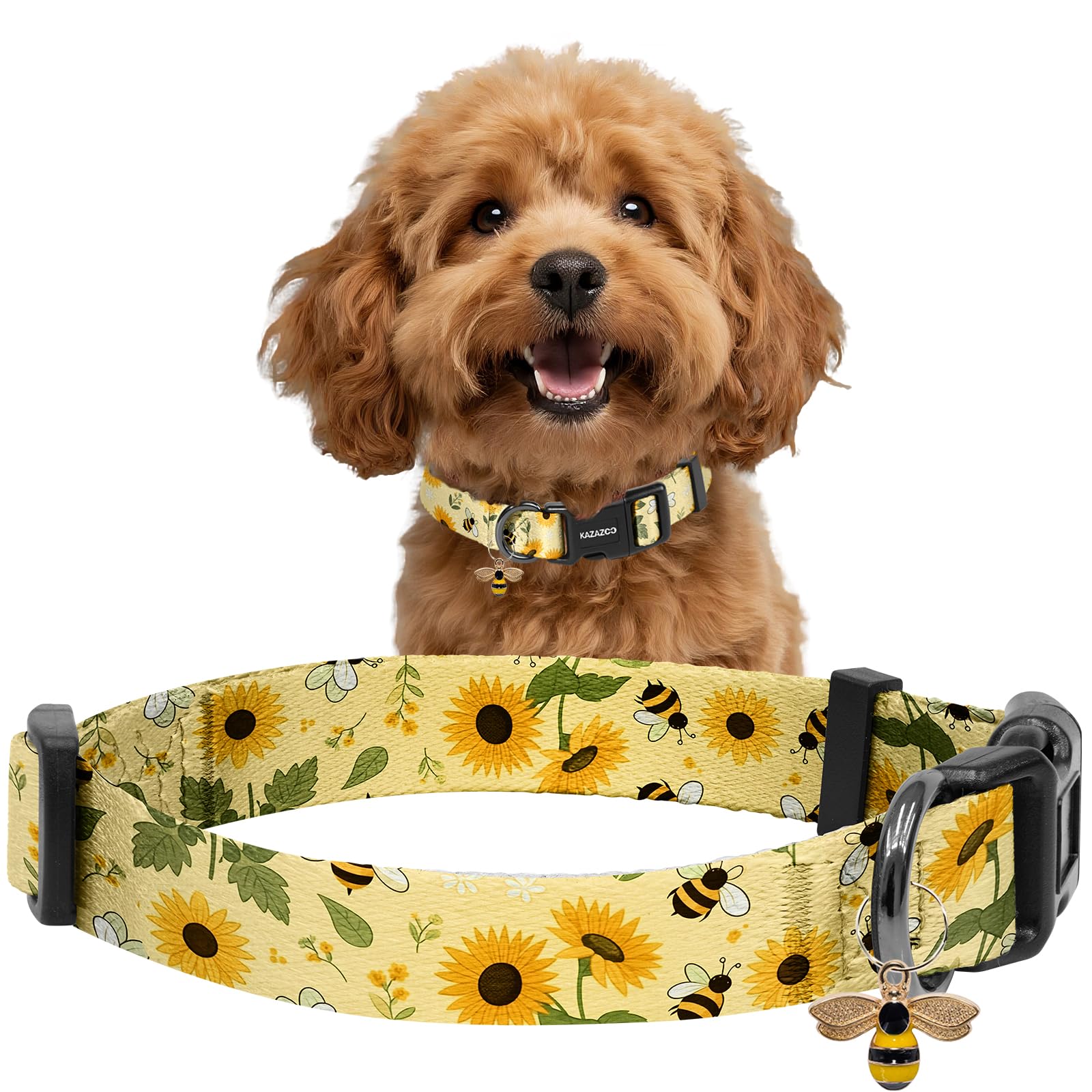 Kazazoo Dog Collar Cute and Soft Nylon Puppy Collar for Boy and Girl Dogs, Adjustable Dog Collars for Small Dogs, Bees and Sunflowers-S
