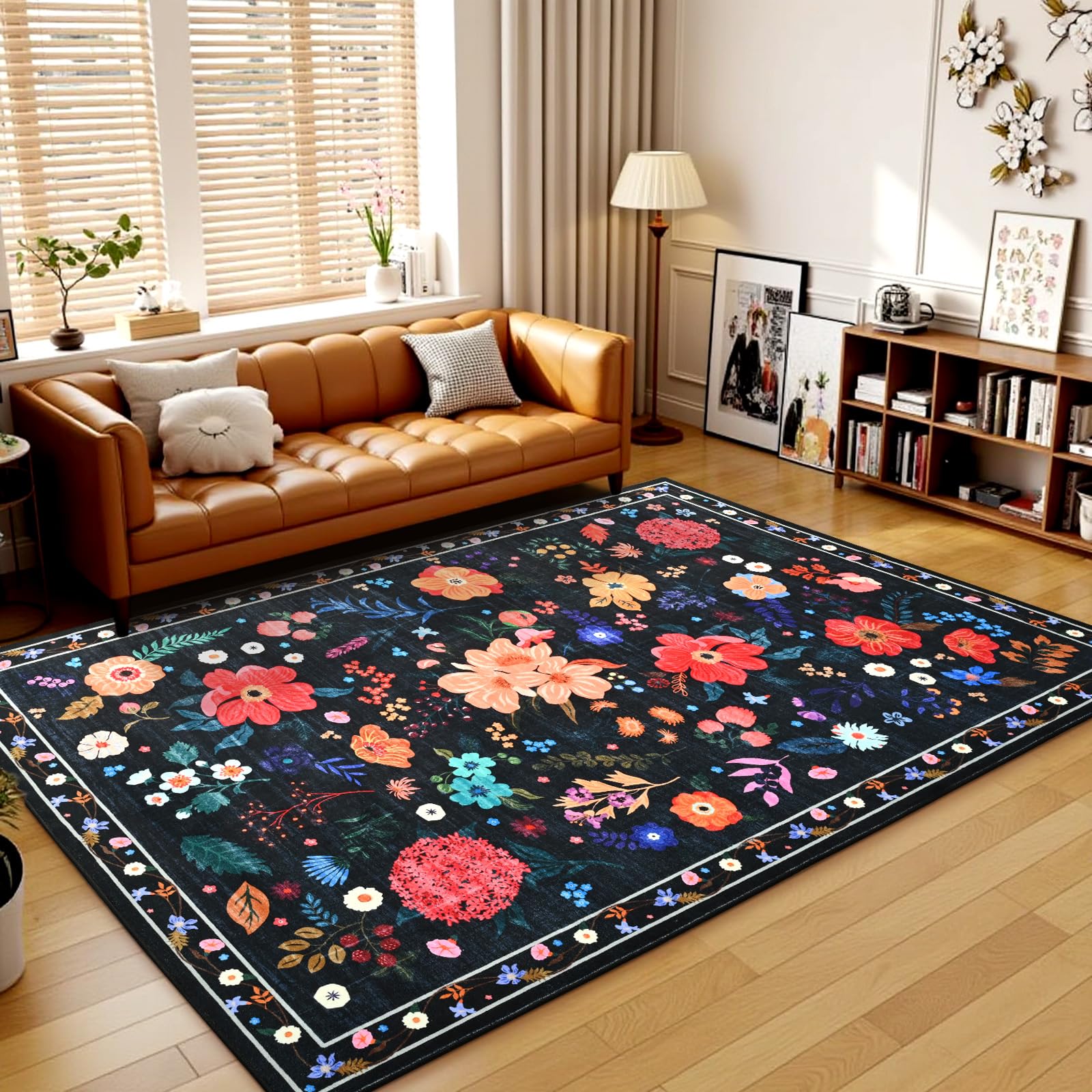 Terrug Floral Washable Area Rug for Bedroom, 4x6 Black Rug Boho Ultra-Thin Rugs for Entryway, Soft Non Slip Carpet Vintage Rug for Living Room, Entry,