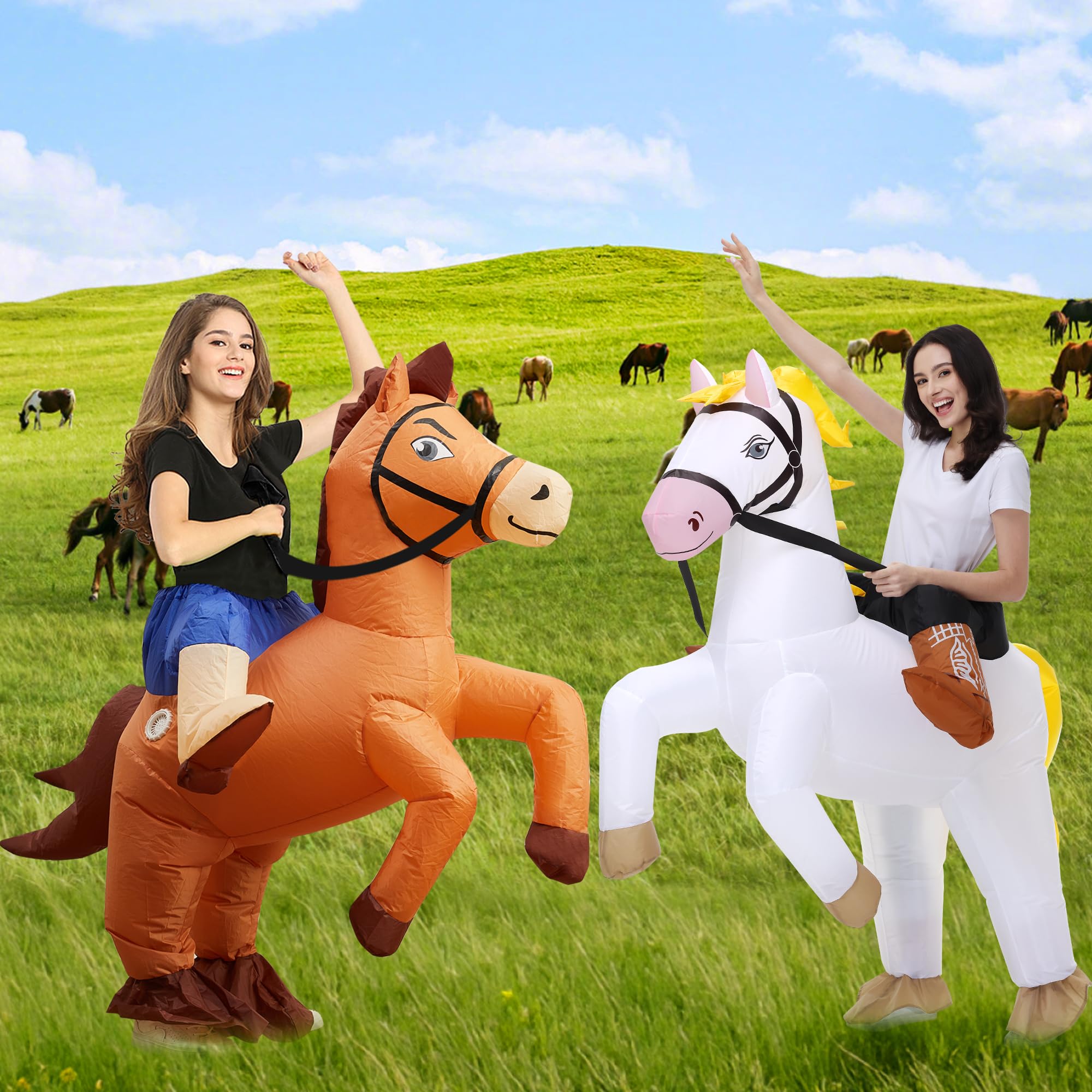 Poptrend Couple Inflatable Horse Costume for Adult New Ride on Horse Blow Up Costume for Double Men Women Halloween Cosplay Party - Image 4