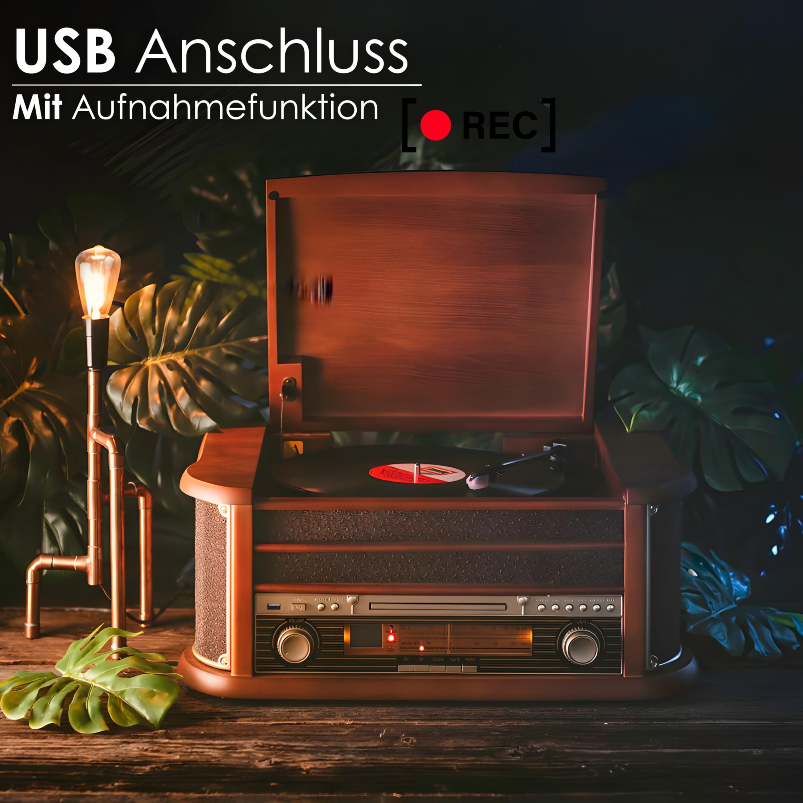Nostalgiczny drewniany zestaw muzyczny | zestaw kompaktowy | Bluetooth | magnetofon kasetowy | retro zestaw stereo | odtwarzacz CD MP3 USB | pilot zdalnego sterowania | gramofon | radio | kodowanie MP3: Funkcja nagrywania AUX IN.