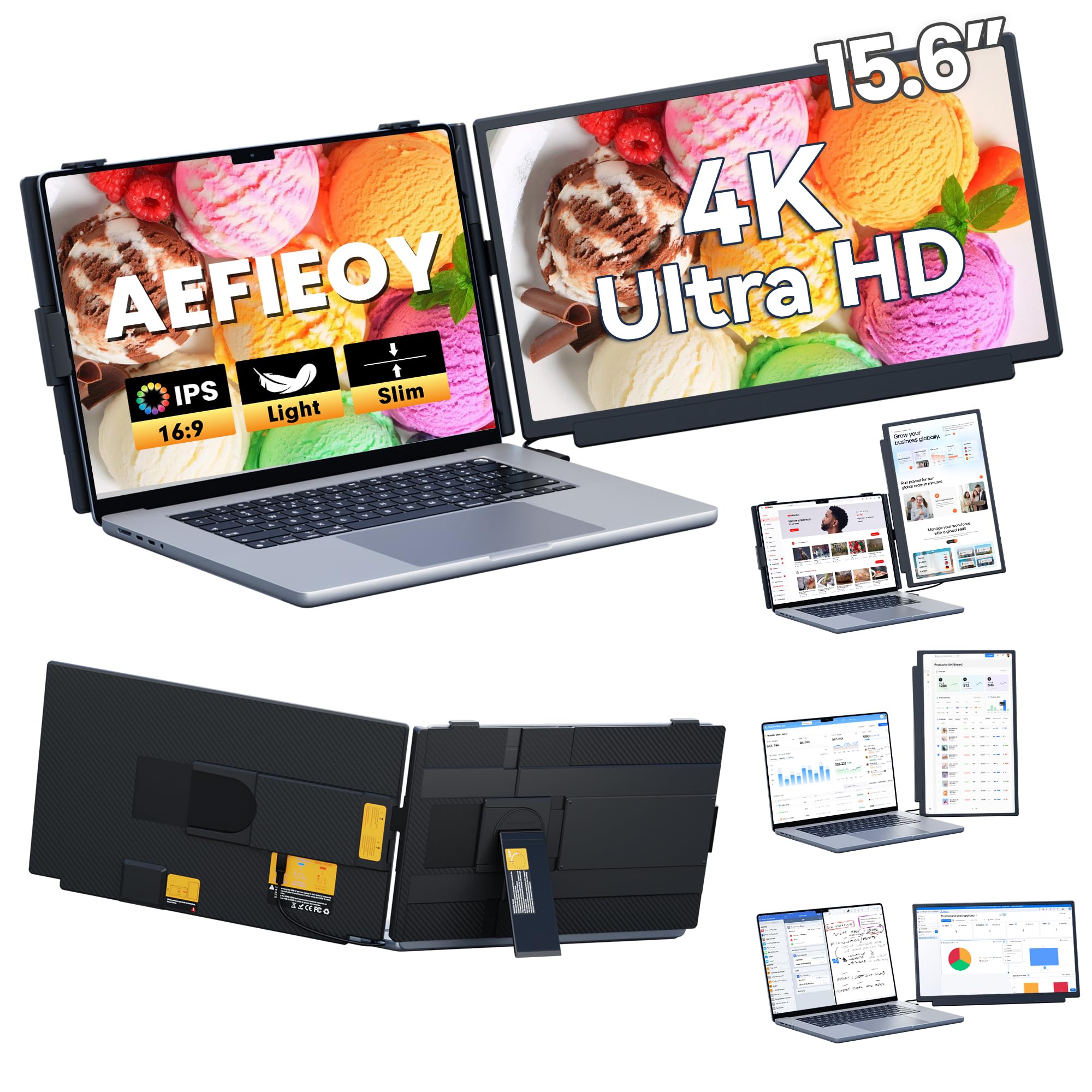 Upgraded Laptop Screen Extender, 15.6”Ultra-Thin Dual Portable Monitor with 4K UHD IPS, Detachable & 4-in-1 Modes, USB-C/HDMI Plug-Play Monitor Extender for Mac/Win/Android, Fits 13-17" Laptops