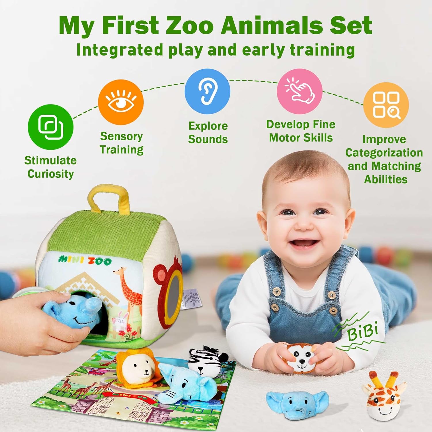 Sensory Zoo Toys for Babies 6-12 Months, Soft Stuffed Animal Set with 5 Sensory Animals, Map Pad, Rattle, Crinkle Paper, Squeaker, Mirror, Montessori Toys for Toddlers, Boy Girl Birthday Gifts image 2 of 8 B0FC5QZT56