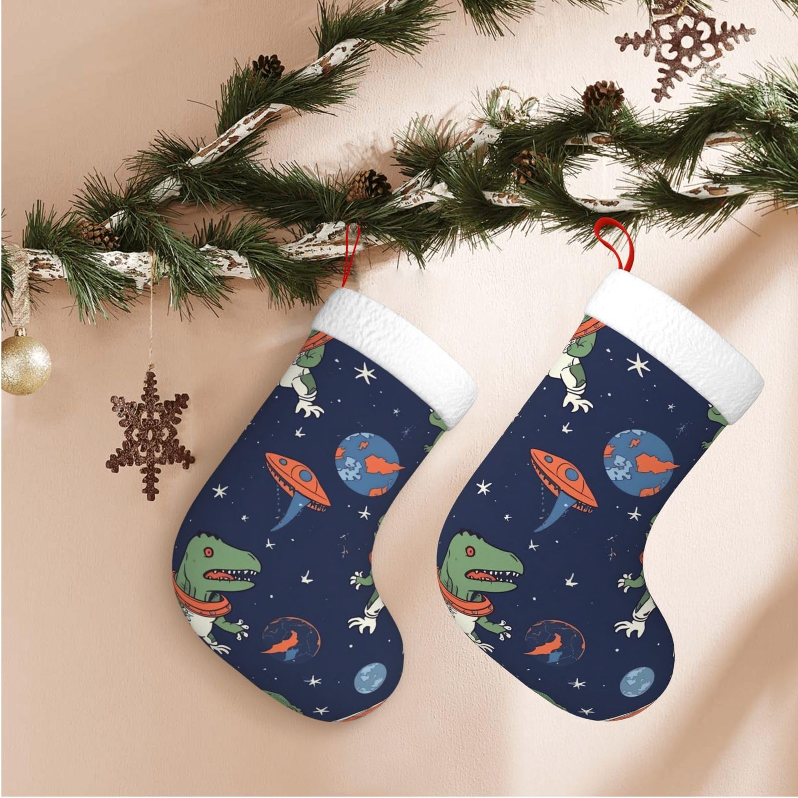 17.7" Christmas Stocking 1 Piece, Funny Astronaut Dinosaur Rocket Xmas Stockings with White Plush Cuff Fireplace Hanging Stocking for Christmas Holiday Party Decoration