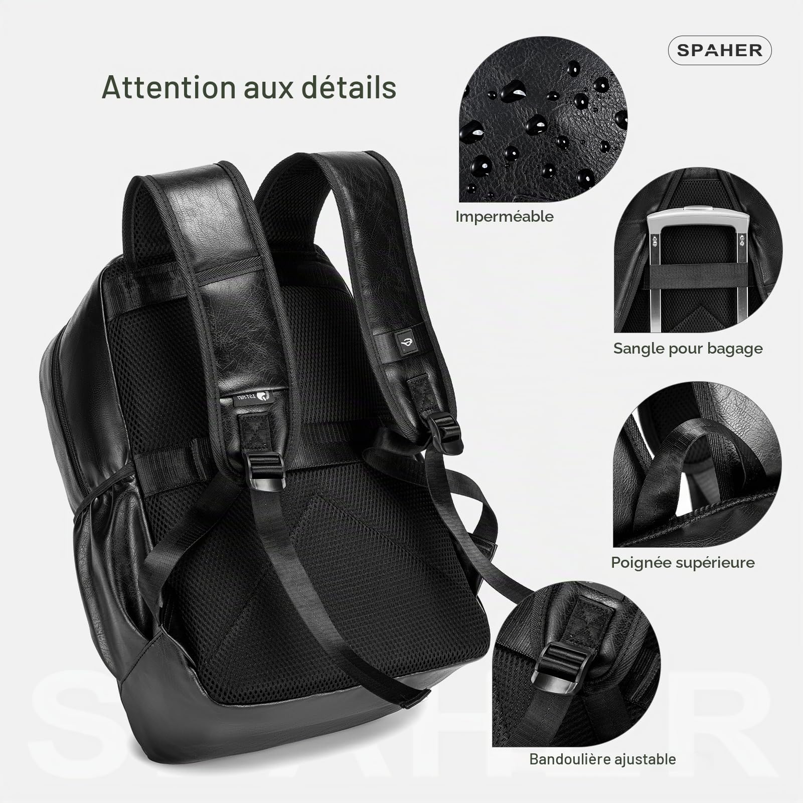 SPAHER Bagage Cabine 40x30x20 Wizzair Vueling 15,6Pouces Sac à Dos en Cuir pour Ordinateur Portable Unisexe Sac d'école Randonnée Voyage Affaires Bagages en Plein air Collège pour Hommes Femmes