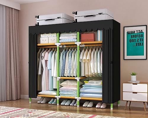 Miniatura 2 de YOUUD Armario portátil de 65 pulgadas para colgar ropa con 3 varillas para colgar, tubo de hierro de color de 0.984 in y cubierta negra, organizador