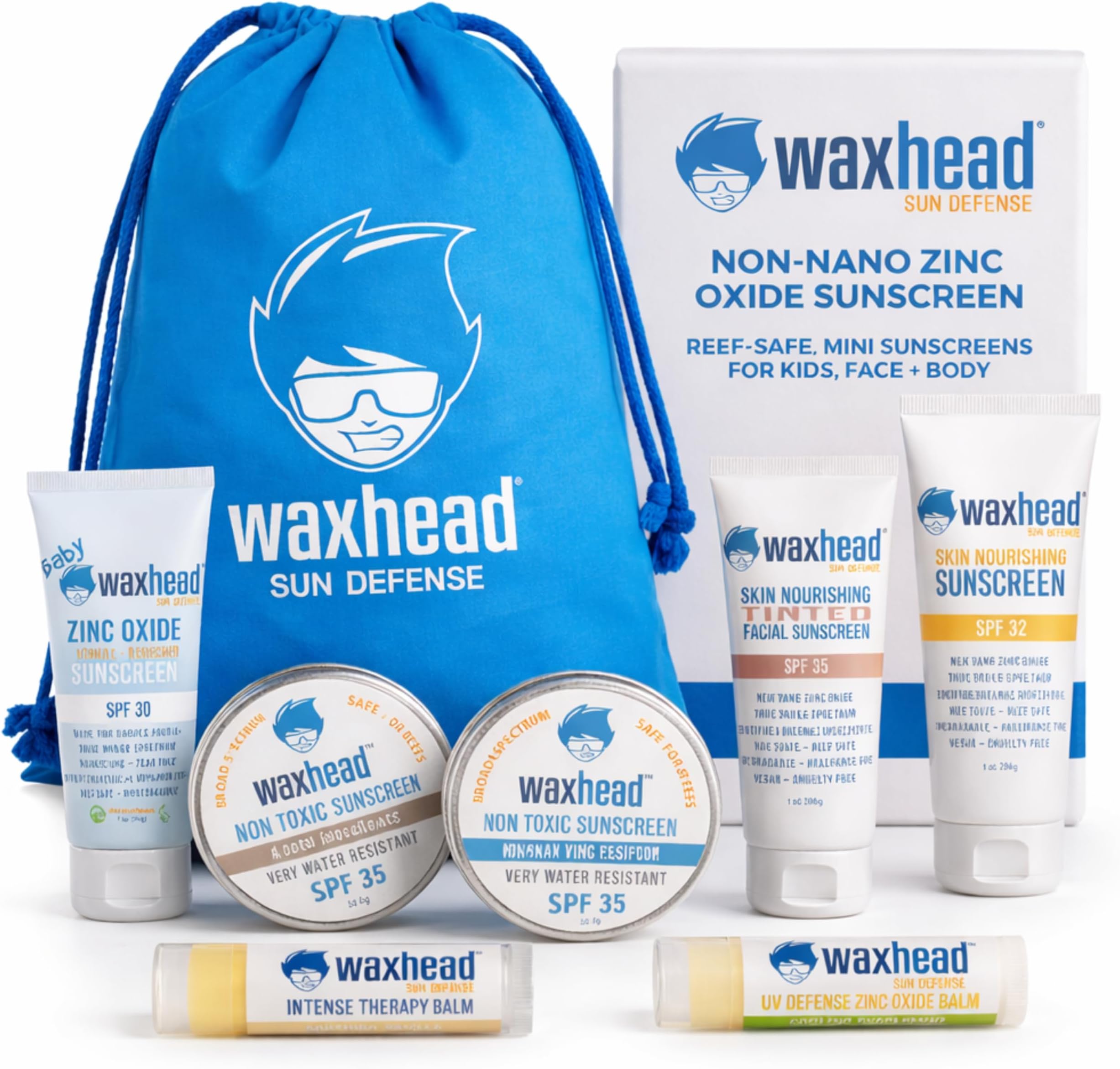 Waxhead Travel Size Sunscreen Sampler Box - Non-Nano Zinc Oxide, Coral Reef Safe, Biodegradable Sunblock SPF 30. Lip Balms, Solid Mini Paste Tins (.5oz) Tinted, Baby + Everyday (1oz) in Travel Bag