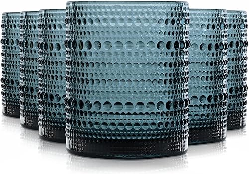 Hobnail - Juego de 6 vasos de cristal de colores vintage de 11 onzas, vasos de vidrio para bebidas para agua, jugo, cóctel (azul)