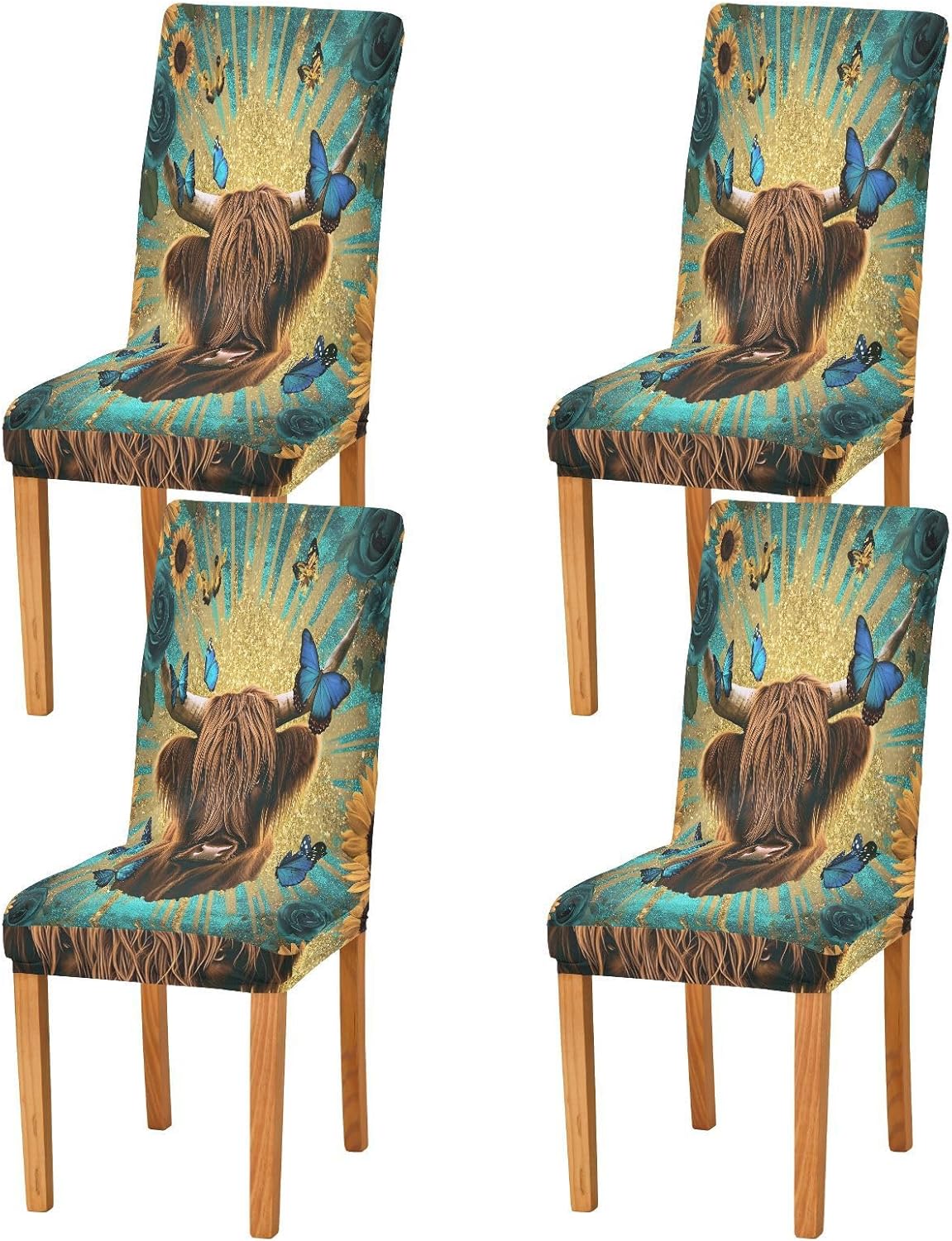 ALAZA Chair Covers for Dining Room, Highland Cow Roses Sunflowers Stretch Chair Cover Sets Chair Protector Removable Washable for Ktichen Restaurant Hotel
