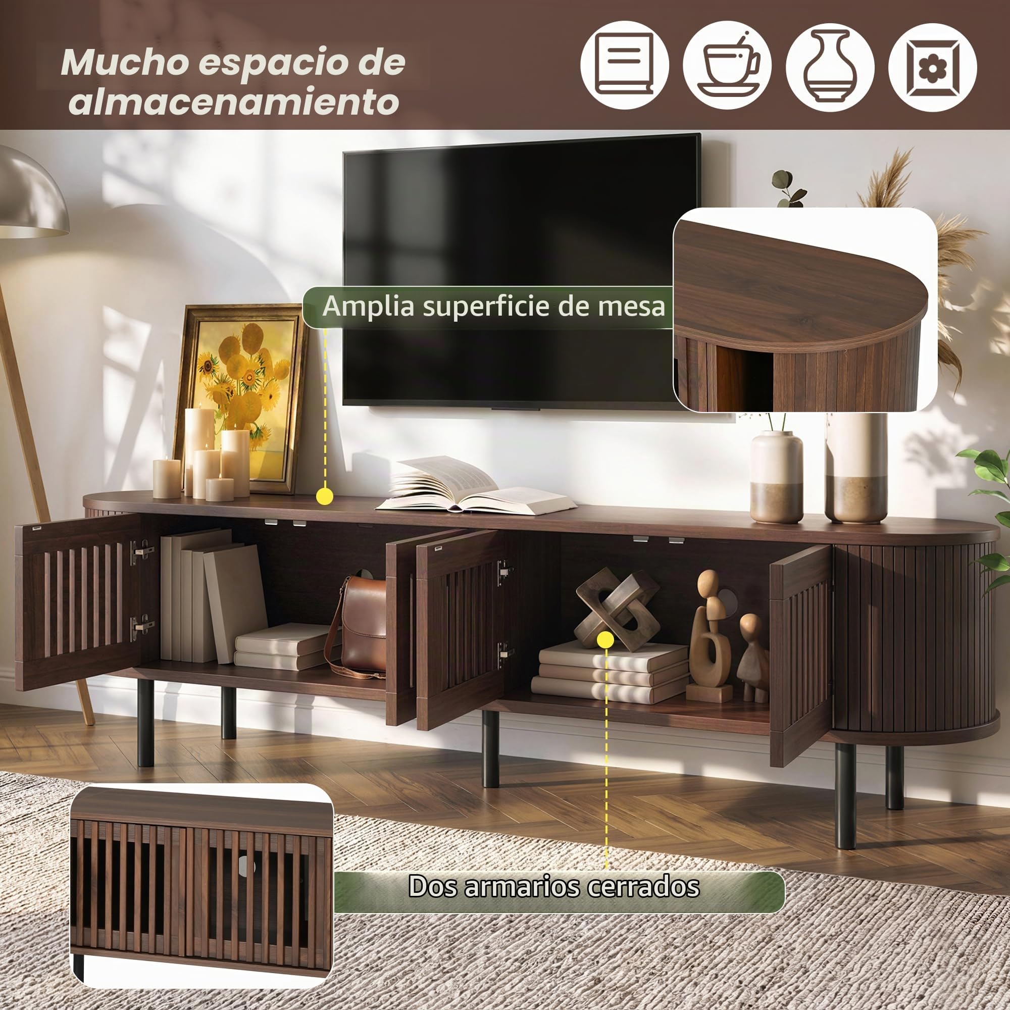 Mueble bajo para TV con 4 puertas, 178 cm, nogal