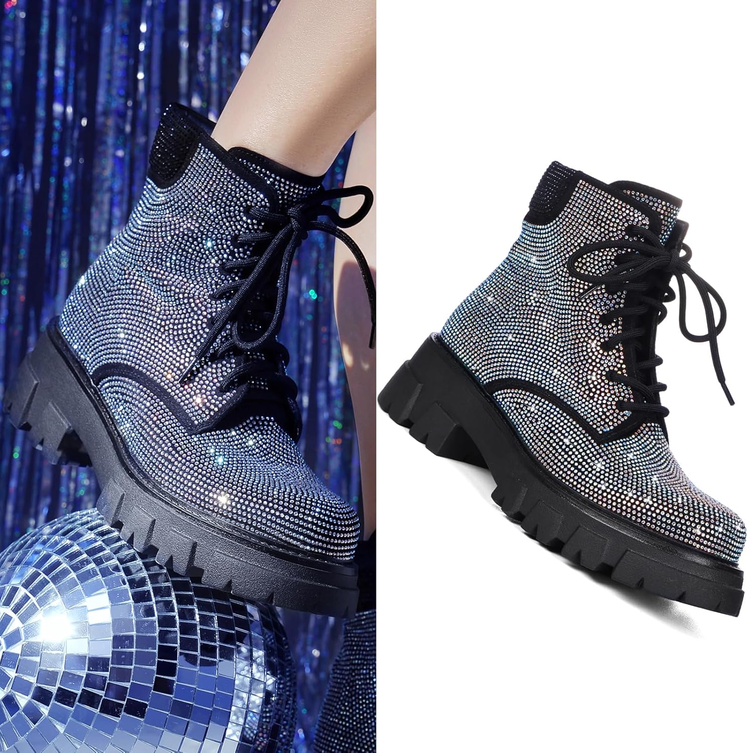 Wavyvigs Rhinestone Combat Boots Platform Chunky Heel Lace Up Ankle Boots Side Zipper - Image 7
