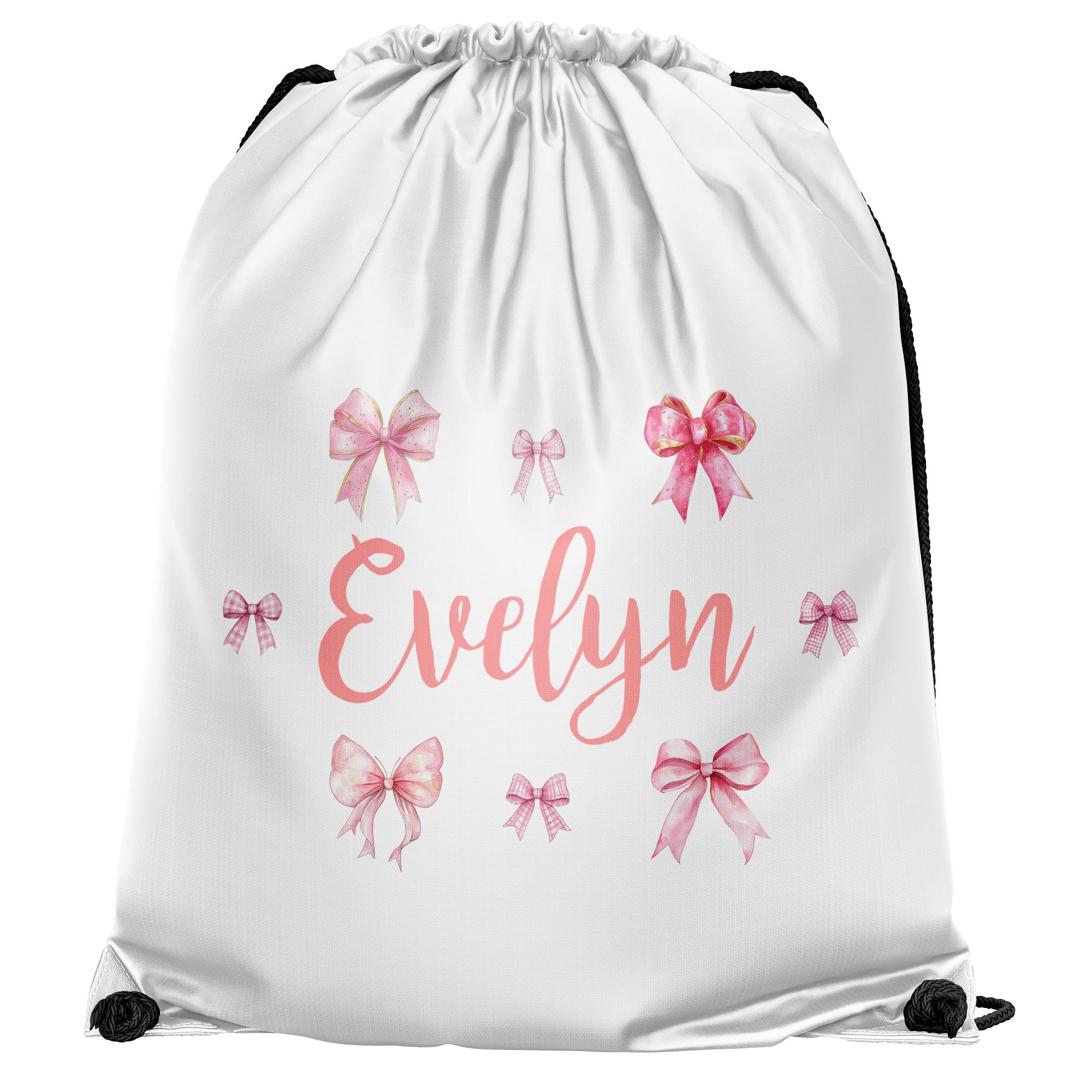 Purple Print House Girls Personalised Bows Drawstring Bag Custom Name Back To School PE Sports Kit Bag Primary Kids Infants New Term Gift, One Size, White