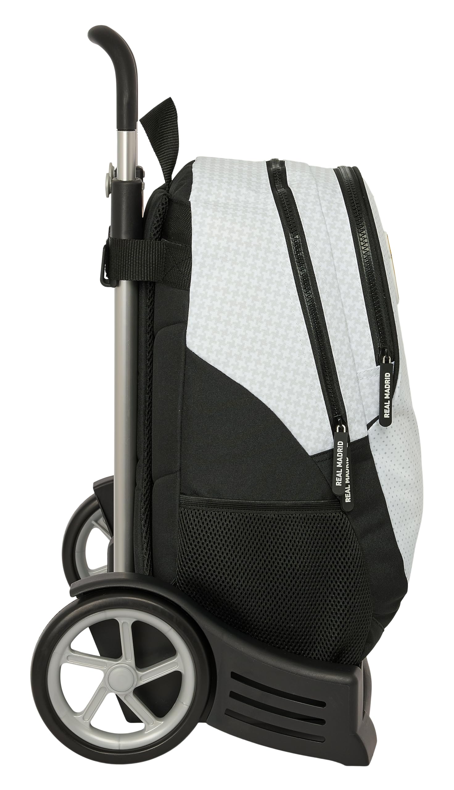 Safta REAL MADRID 1ª EQUIPACIÓN 24/25 - Mochila Escolar, Espalda Ergonómica, con Carro Evolution, Ideal para Niños de Diferentes Edades, Cómoda y Versátil, 32x16x44 cm, Color Blanco/gris