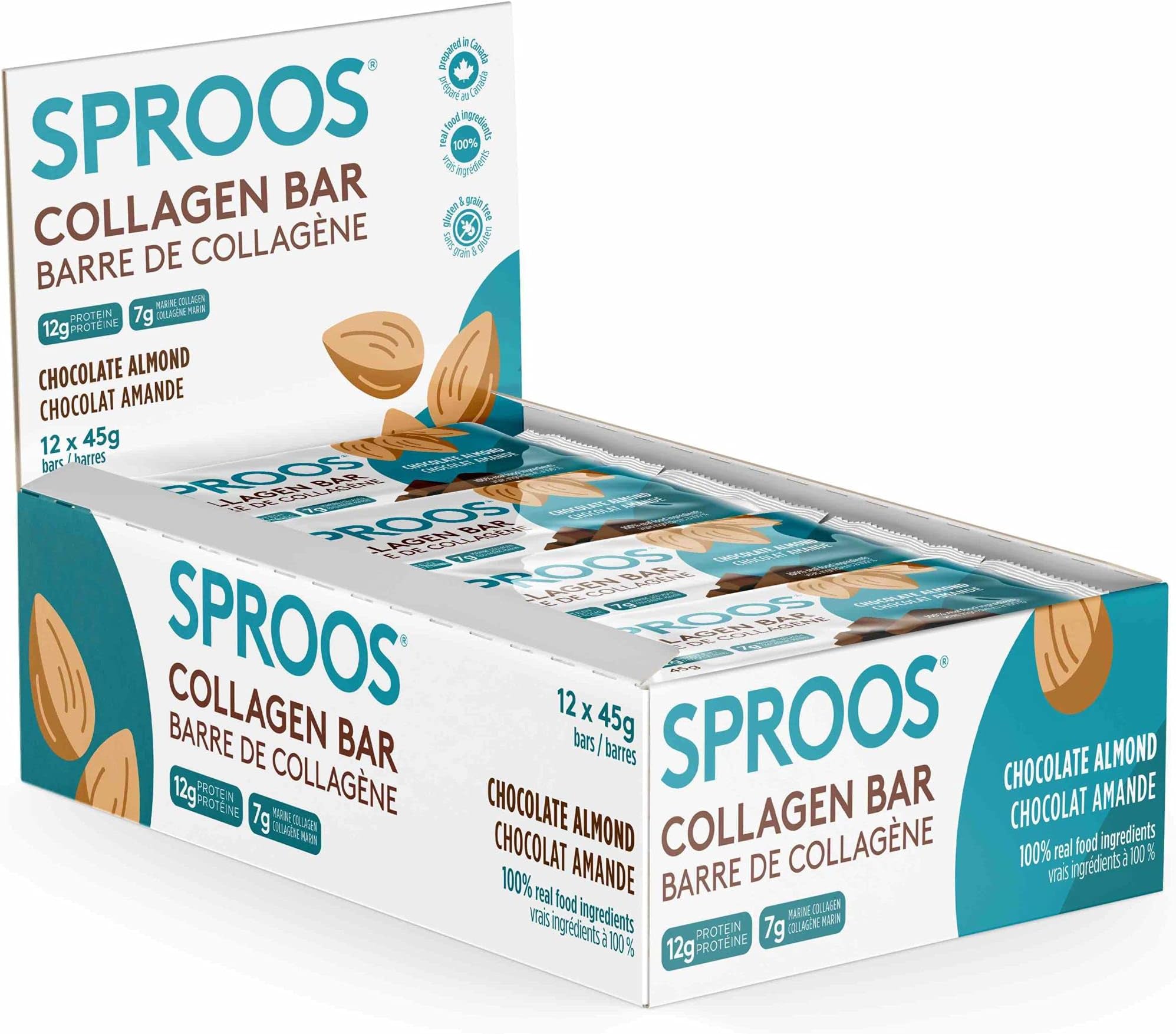 SPROOS Collagen Protein Bar|Chocolate Almond|12 pack Paleo Protein Bars|Gluten Free Low Carb Bars with Premium Marine Collagen Powder and 100% Real Food Ingredients,Responsibly Sourced