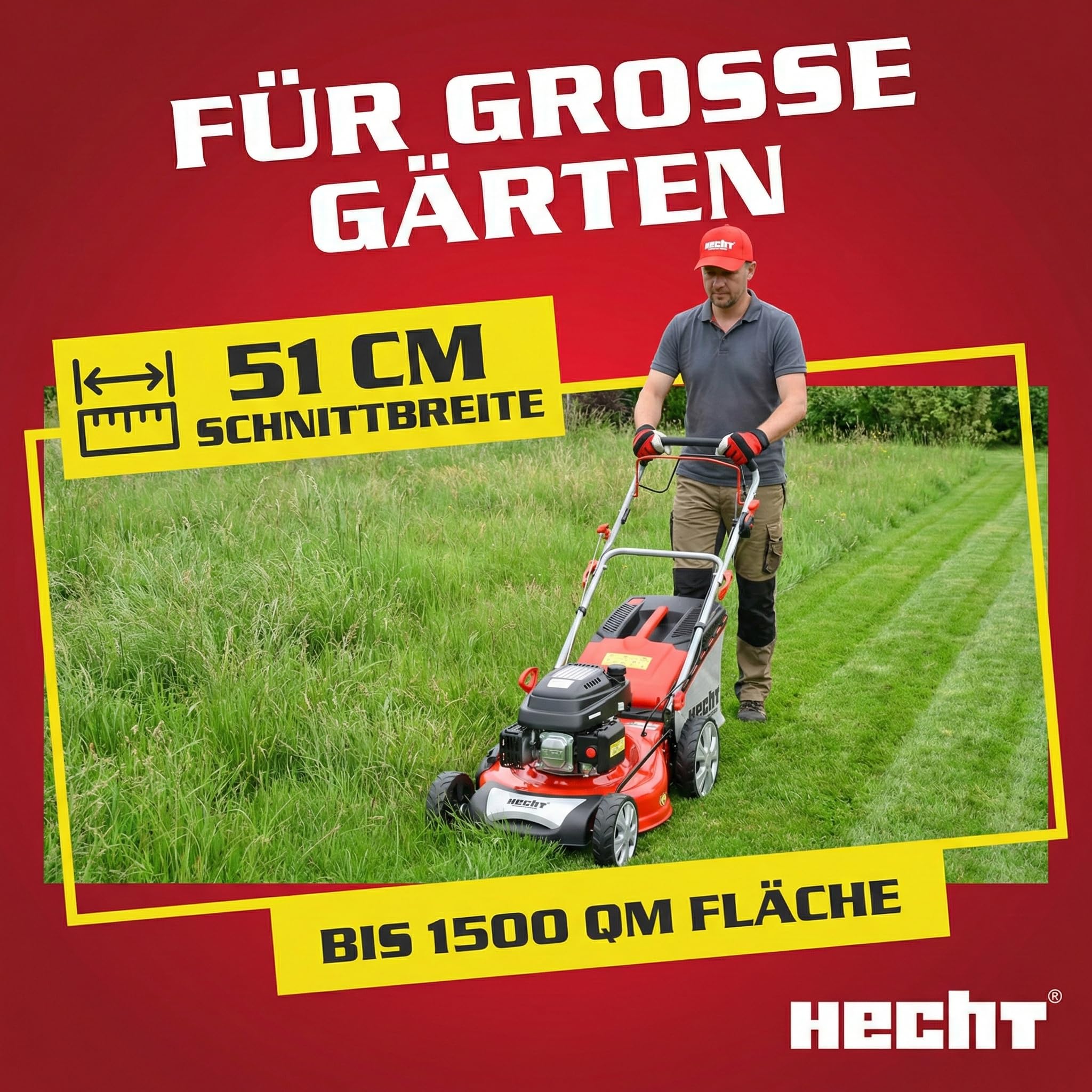 HECHT Benzin Rasenmäher 51 cm mit Antrieb 5,2 PS | 5-in-1 Mulchfunktion, Seitenauswurf, 70L Fangkorb, Benziner für Gärten bis 1500 m²