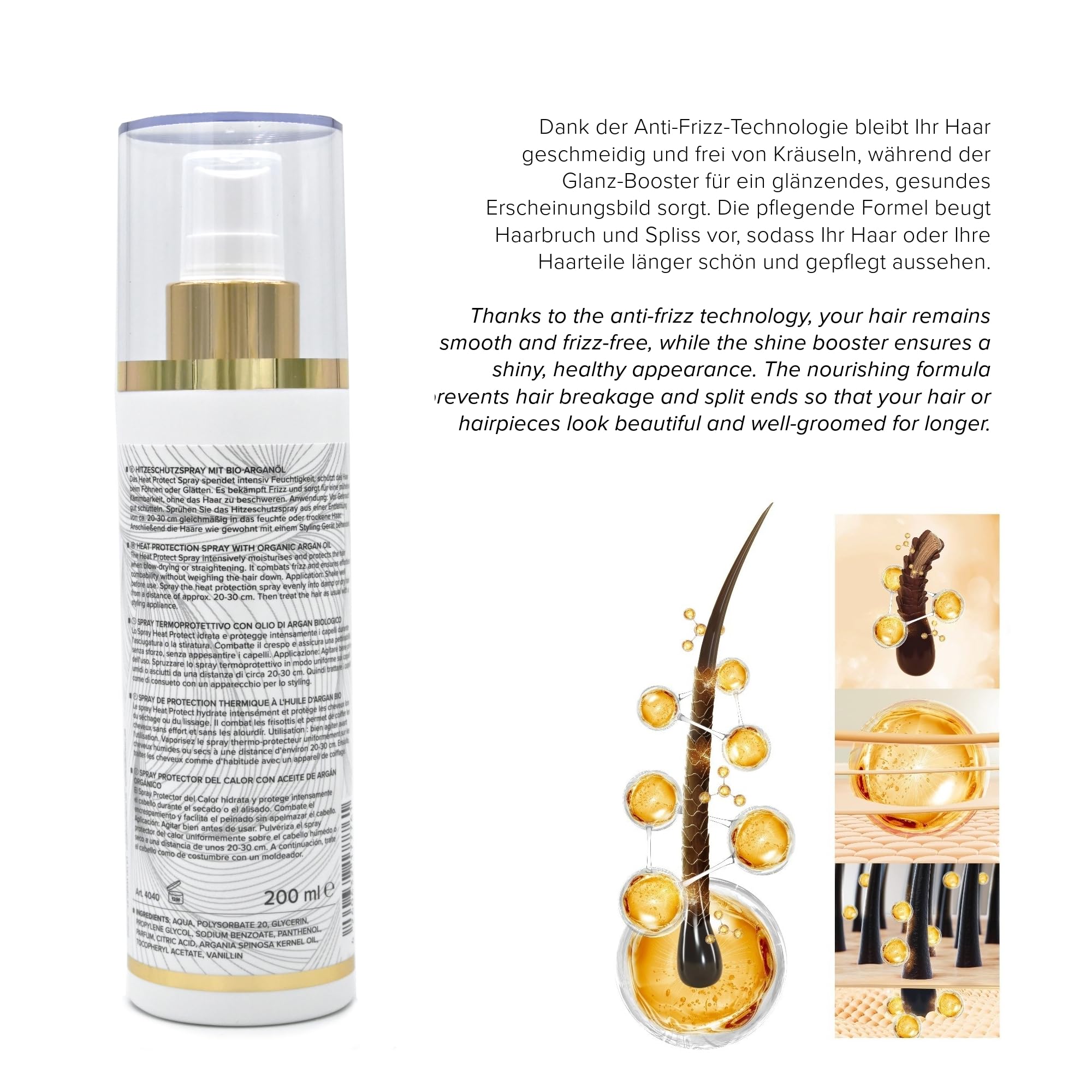 Spray Heat Protect 200 ml - Spray de protection thermique à l'huile d'argan bio pour extensions, perruques, postiches et cheveux naturels - Fabriqué en Allemagne