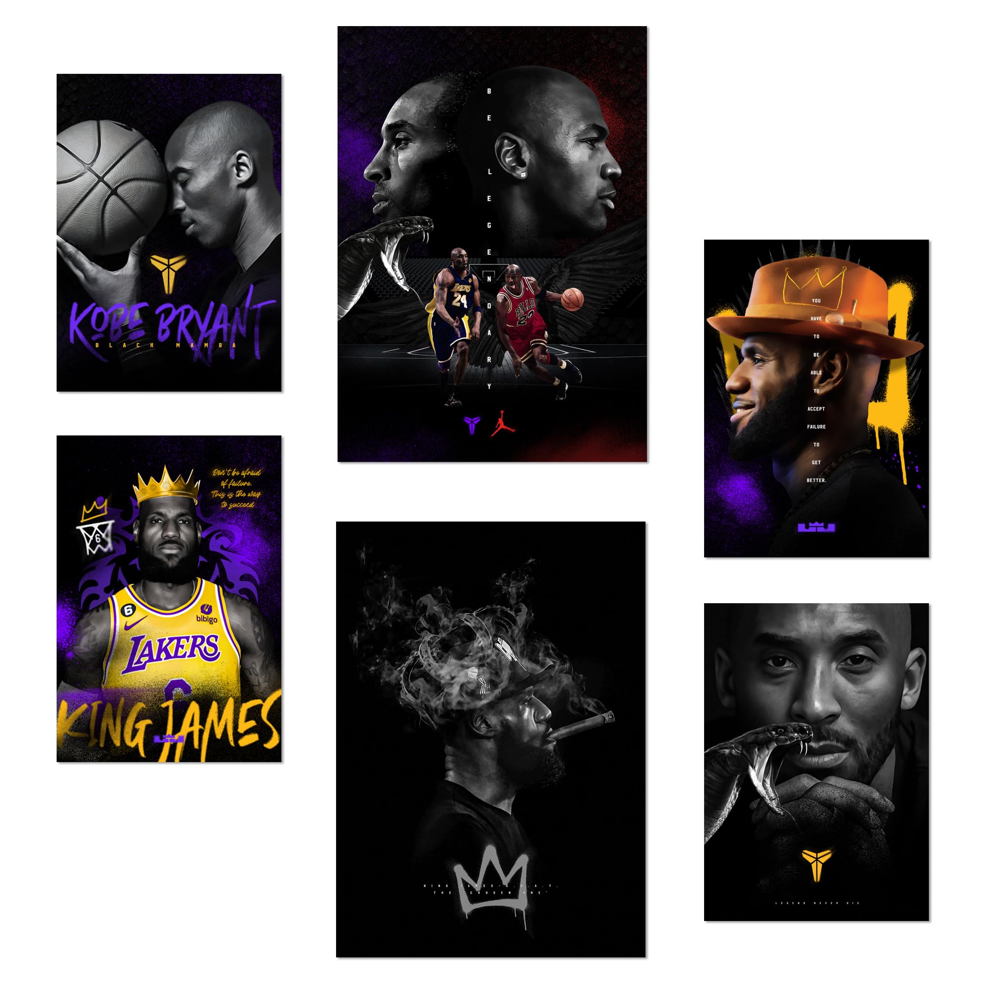 Nacnic Set of 6 Iconic Jordan Kobie Bryan Posters with design illustration to decorate the walls of home. Rooms, office, shop A3 & A4 Frameless.