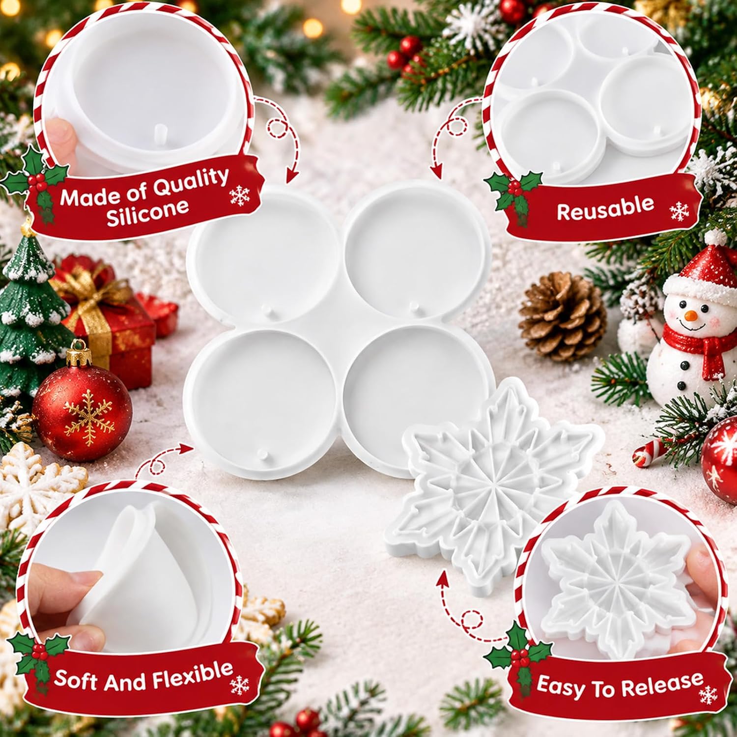 5Pcs Silicone Snowflake Ornament Mold & 4-Cavity Christmas Ornaments Resin