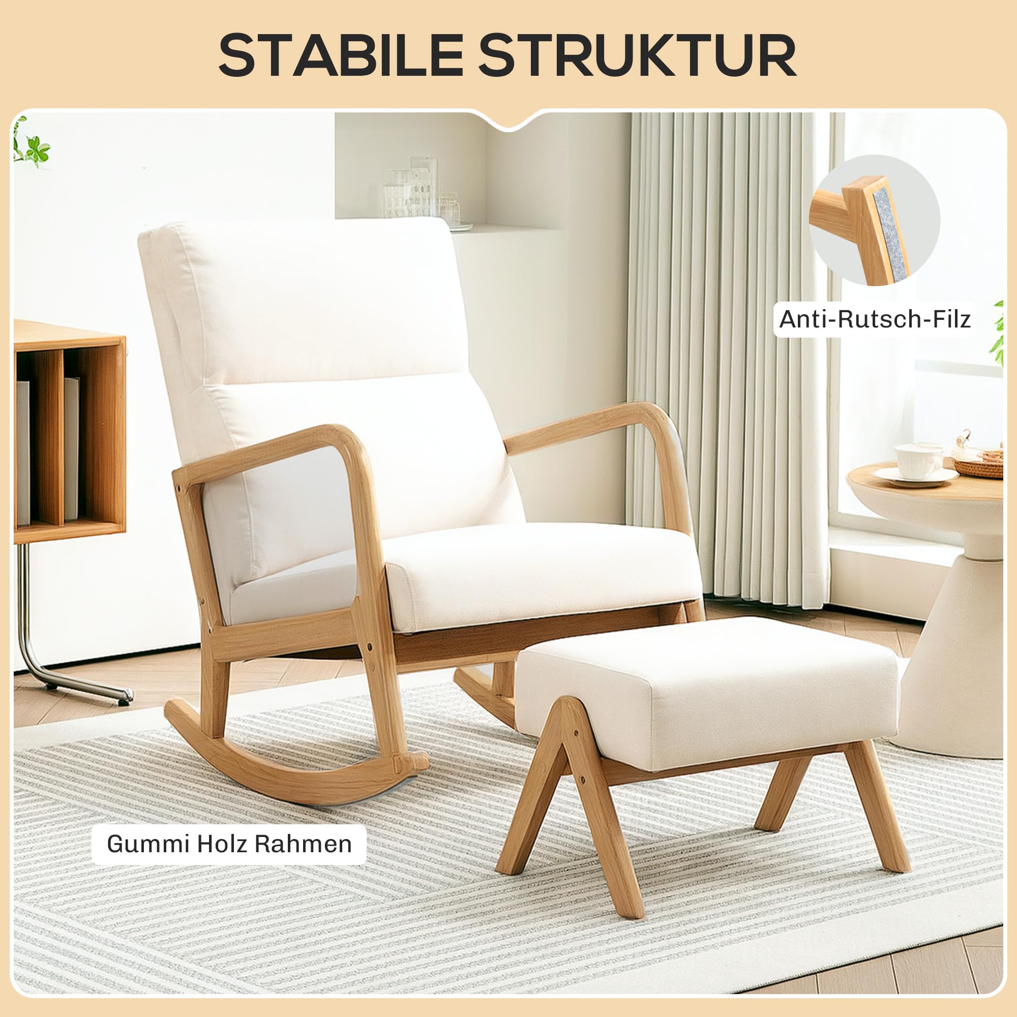 HOMCOM Schaukelstuhl mit Hocker Schaukelsessel Schwingsessel mit Leinenoptik Polstersessel Sessel für Wohnzimmer, Schlafzimmer, Cremeweiß