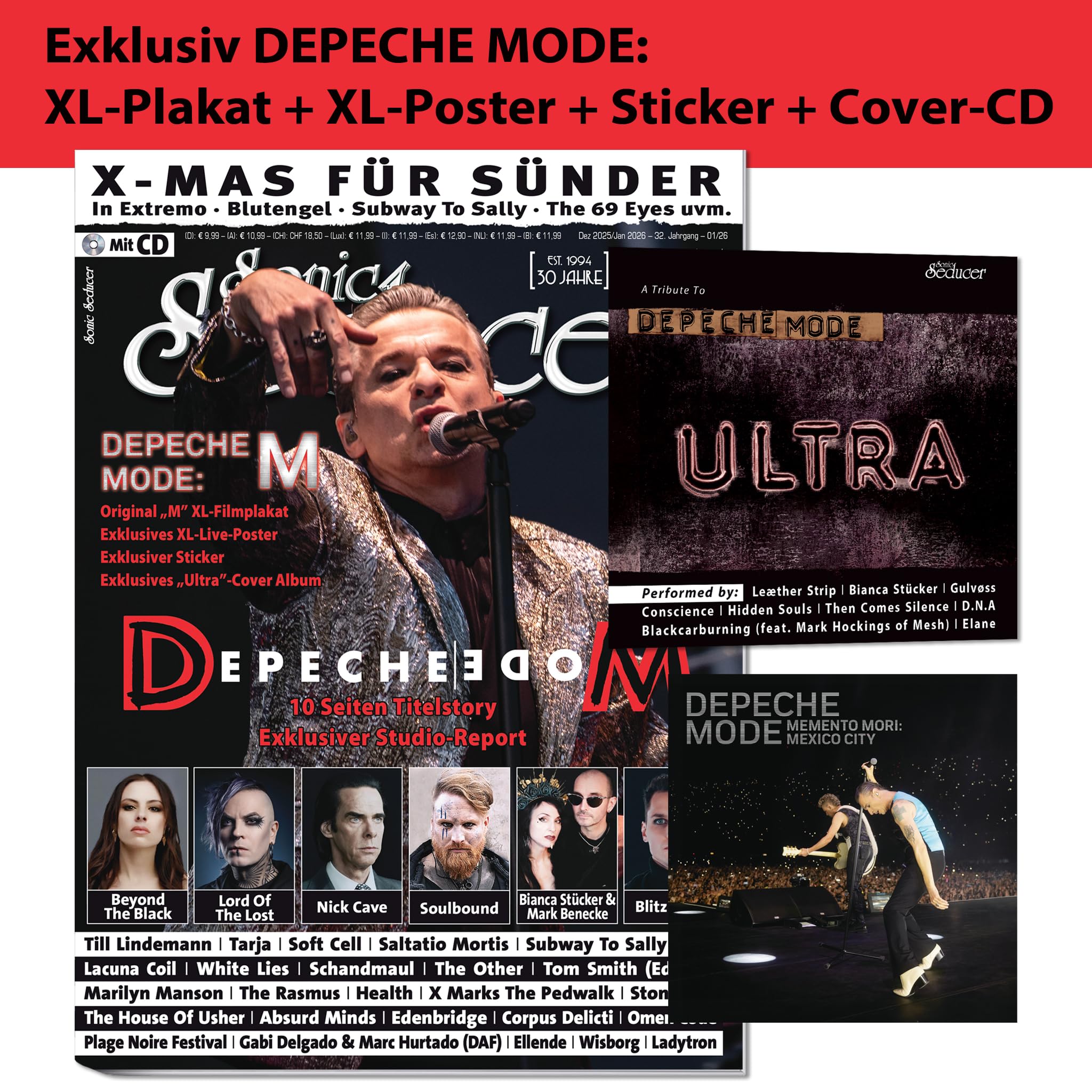 Sonic Seducer 12/2025-01/2026: Sonic Seducer 12/2025 - 01/2026 Depeche Mode: M-Original XL Plakat + XL - Poster + Album-Cover Sticker: Memento Mori - ... Till Lindemann + Soulbound + Saltatio Mortis