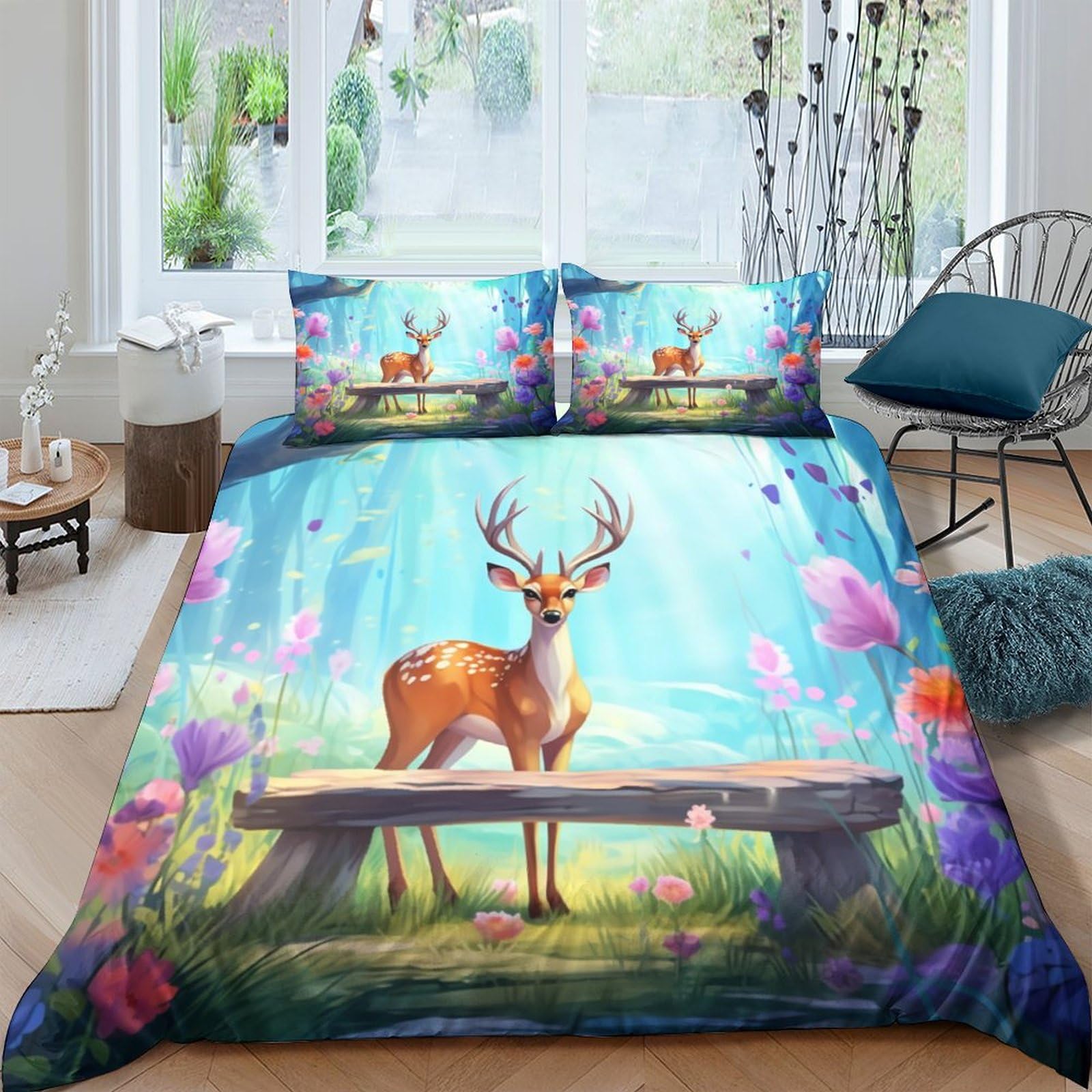 Housse de couette 200x200cm avec taies parure lit imprimé cerf