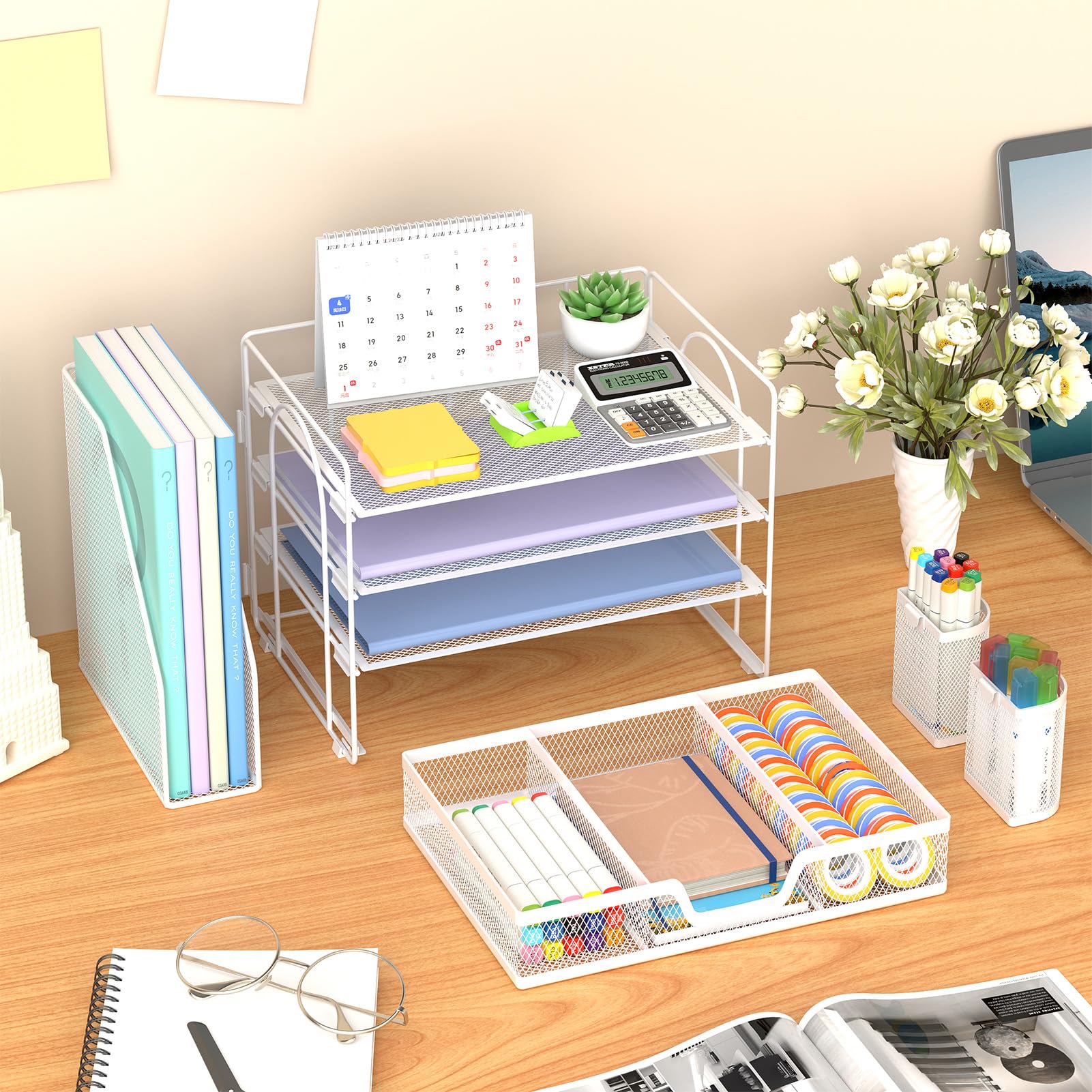 Marbrasse Organizer da scrivania e accessori, organizer per lettere a 4 livelli con porta documenti, accessori da scrivania e spazio di lavoro, organizer da scrivania con cassetto e 2 portapenne, per