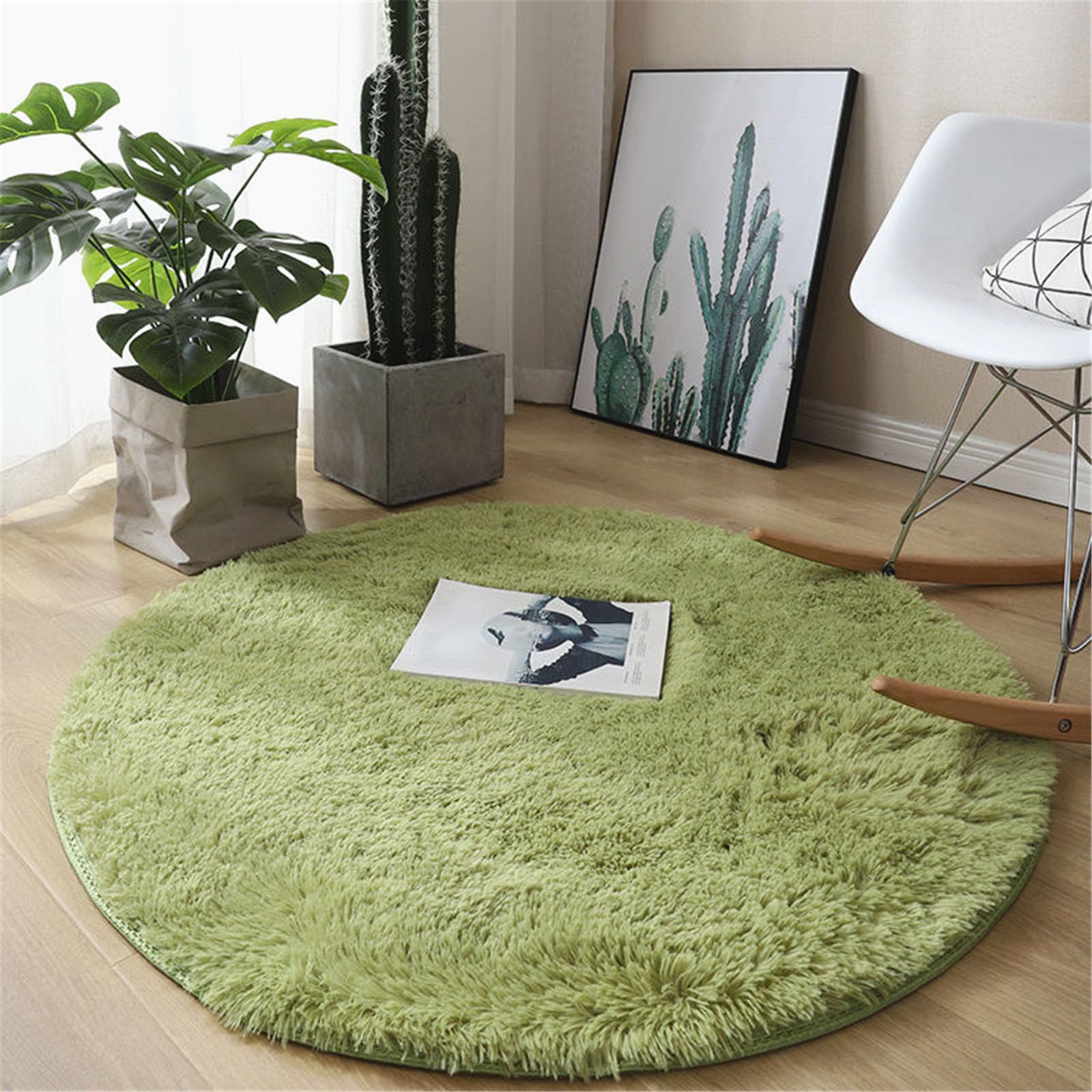 Highdi Alfombra Redonda 60/80/100/120/140/160/200cm, Alfombra de Pelo Largo para Salón Shaggy Alfombras Redondas Lavable Antideslizante Alfombra Grande para Habitación 12 Colores (100cm,Verde)