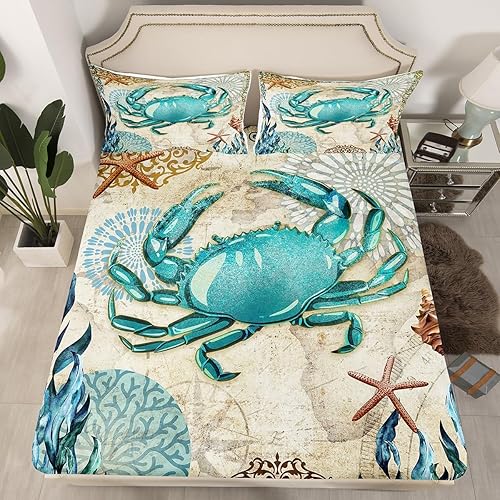 Miniatura 2 de Juego de ropa de cama con temática de playa para niños, juego de sábanas de microfibra de lujo con estampado de cangrejos de playa de 4 piezas (1