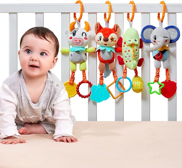 TUMAMA KIDS Baby Hanging Toys Gift Set,Baby Sensory Animals RattleToy,Car Seat Stroller Cot Pram Activity Hanging Toy for 0, 3, 6, 9, 12 Months Newborn Boys Girls Kids Birthday Gifts(4 Pack)