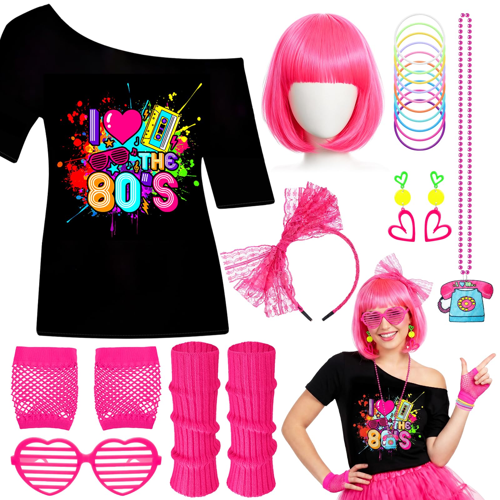 Wynlora 9Pcs 80s Fancy Dress Set for Women, 1980s Costume Accessories Kit with T-Shirt Wig Headband Fishnet Gloves Leg Warmers Glasses Earrings Necklace Bracelets for Ladies Retro Theme Party Cosplay