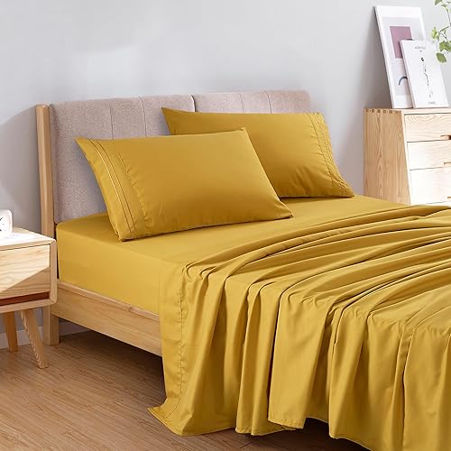 Miniatura 2 de ESCA Juego de sábanas de 4 piezas, color amarillo cúrcuma, tamaño Queen con sábana encimera, sábana bajera y fundas de almohada
