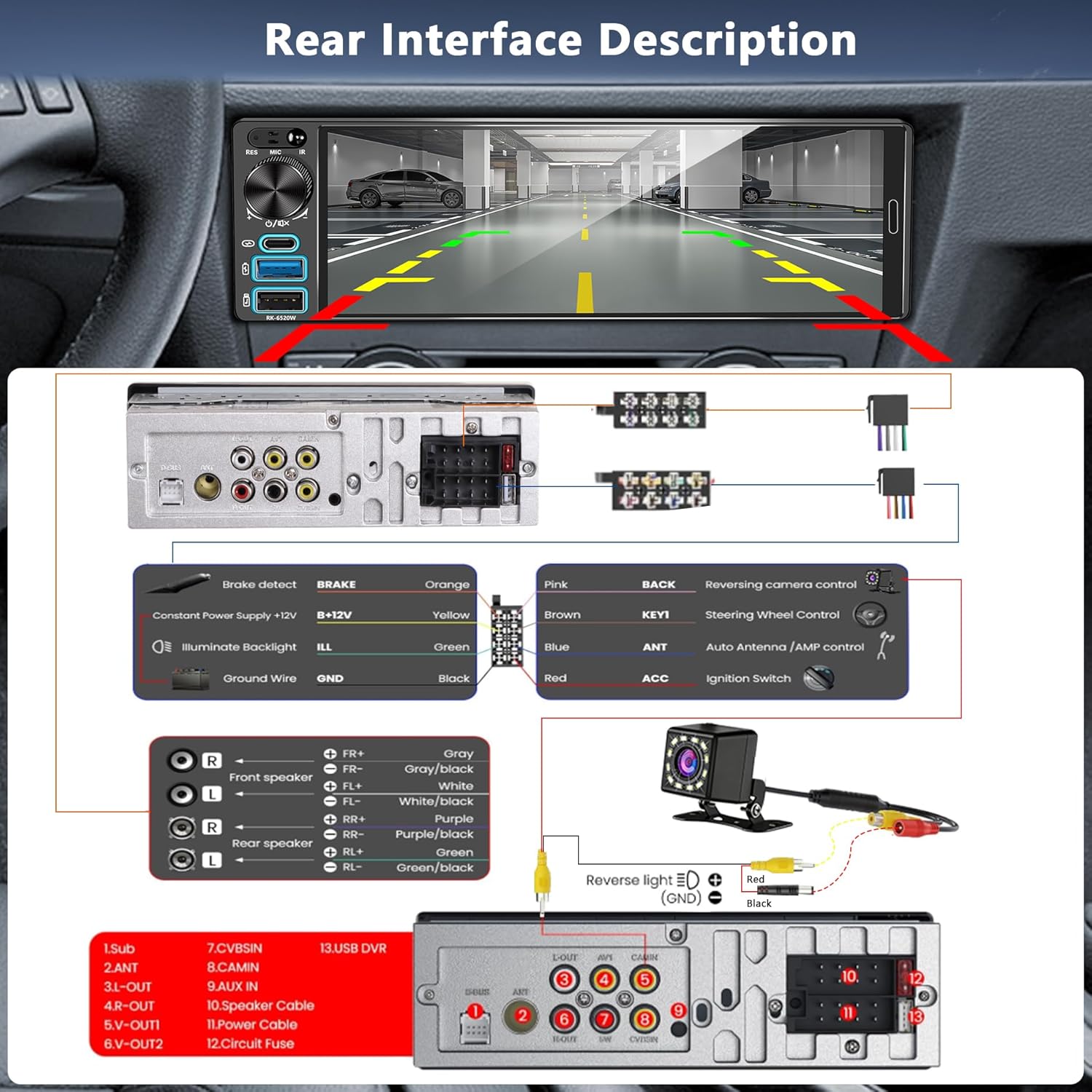 Rear interface description and backup camera wiring diagram for REAKOSOUND 6520-B