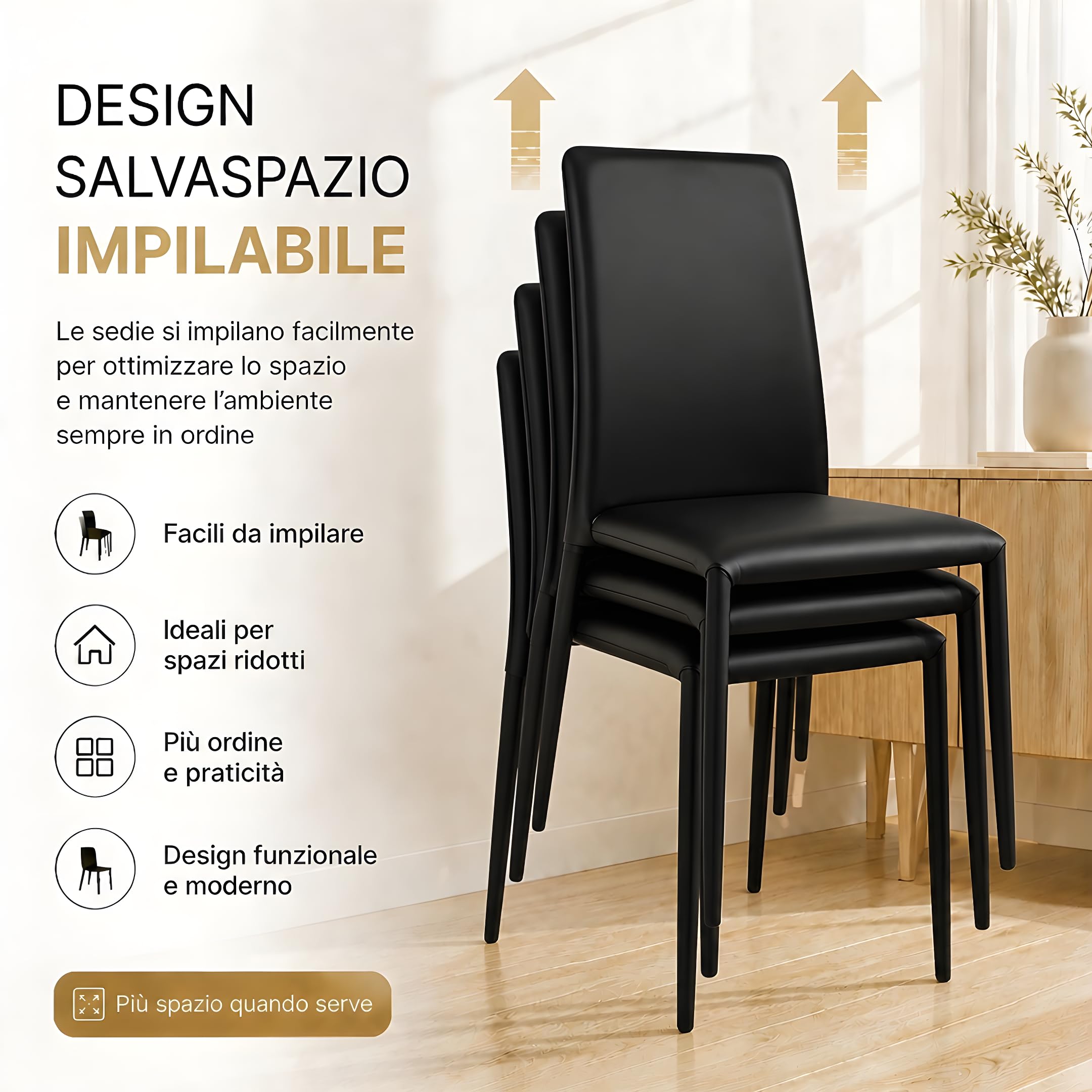 Set 4 Sedie Sala da Pranzo, Sedie Moderne in Ecopelle Lavabile, Sedie Cucina Imbottite con Struttura in Metallo e Gambe Inclinate Antiribaltamento, Impilabile, Montaggio non richiesto (Nero)